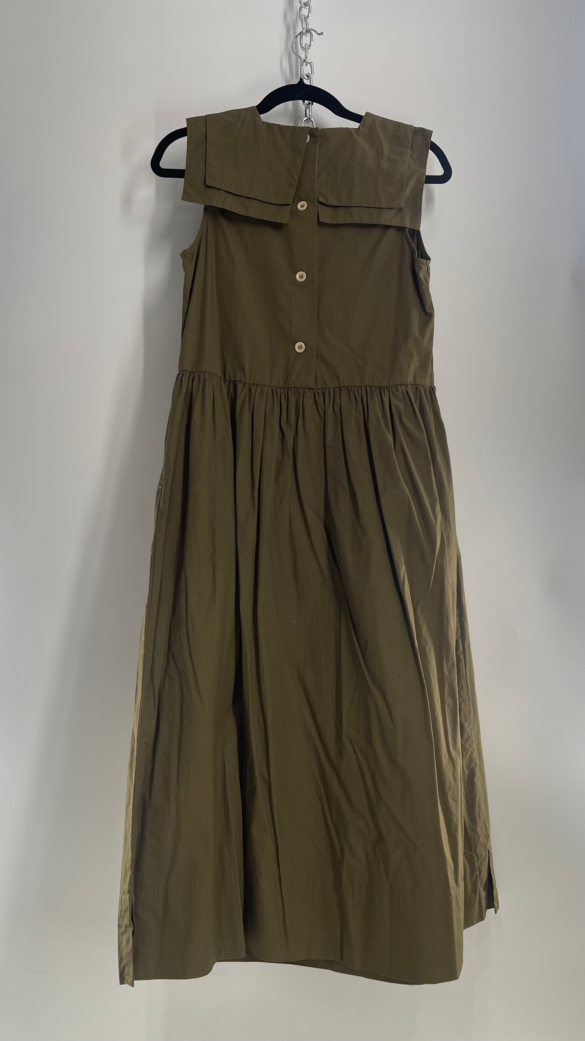 TOAST Olive Green Cotton Dress with Sailor Style Neckline (C)(6) The Thrifty Hippy TOAST Olive Green Cotton Dress with Sailor Style Neckline (C)(6) The Thrifty Hippy