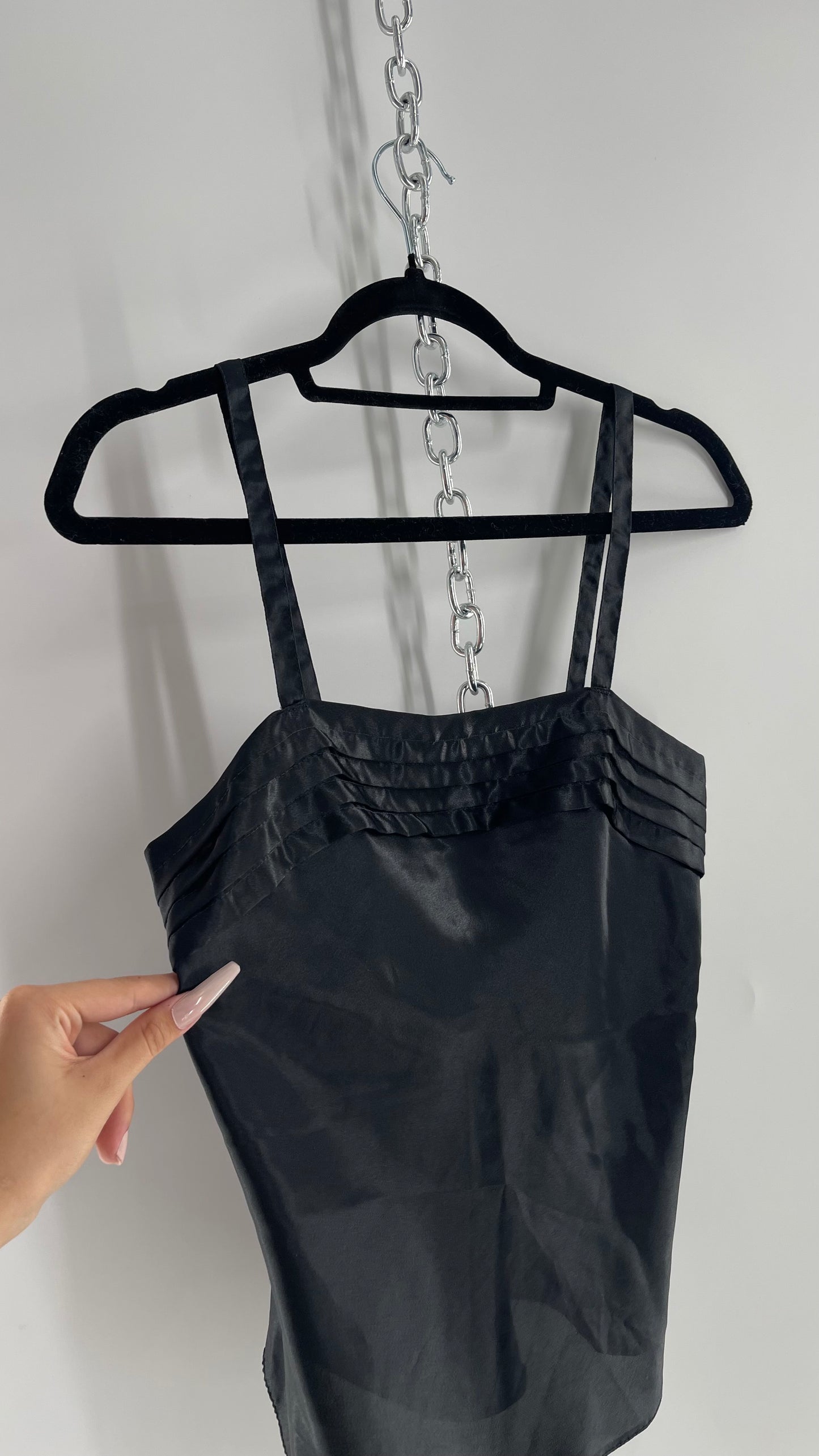 Vintage Silky Black Camisole with Pleated Neckline (Small)