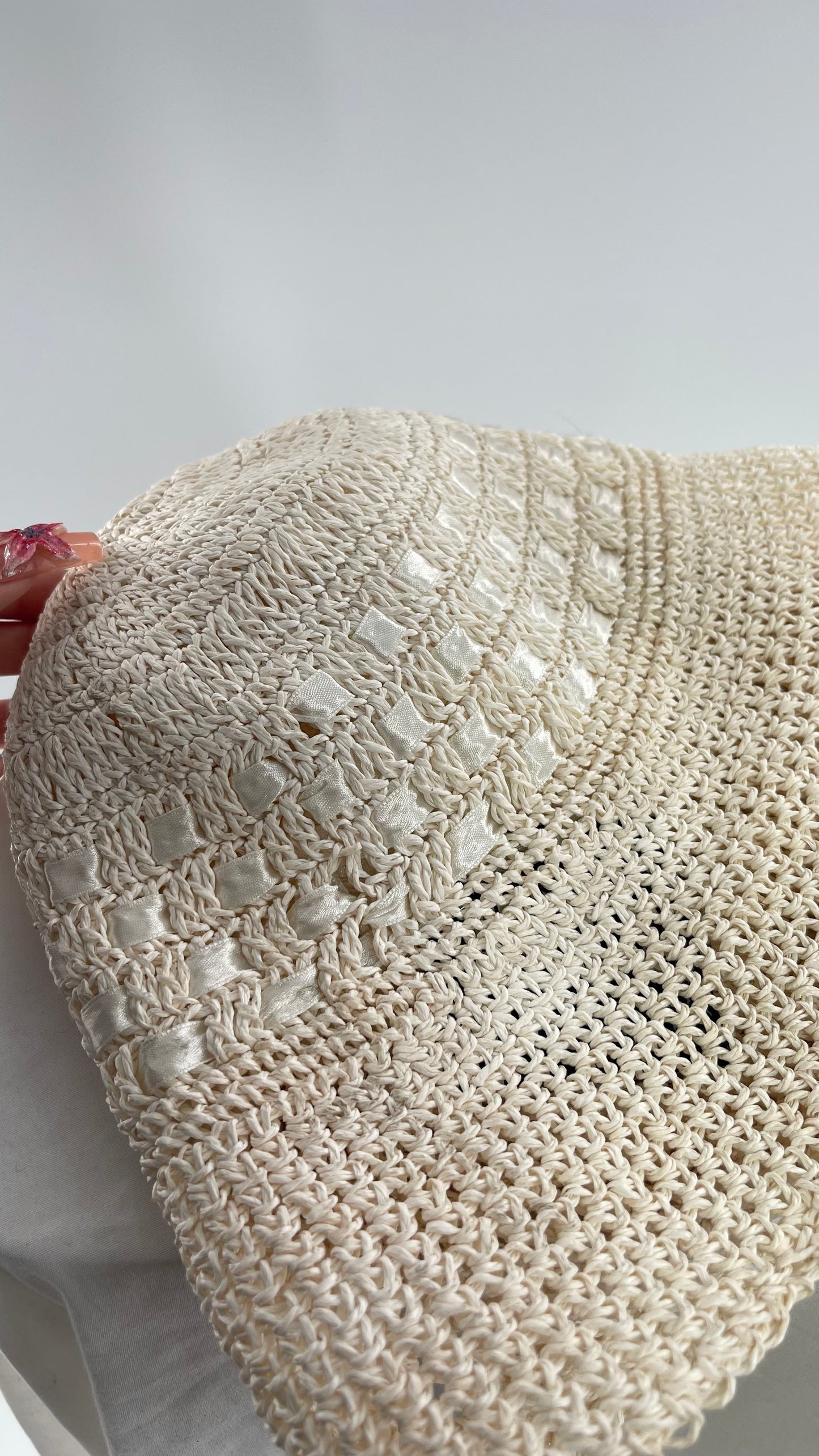 Deadstock Vintage Off White Asian Straw Bucket Hat with Ribbon Detailing