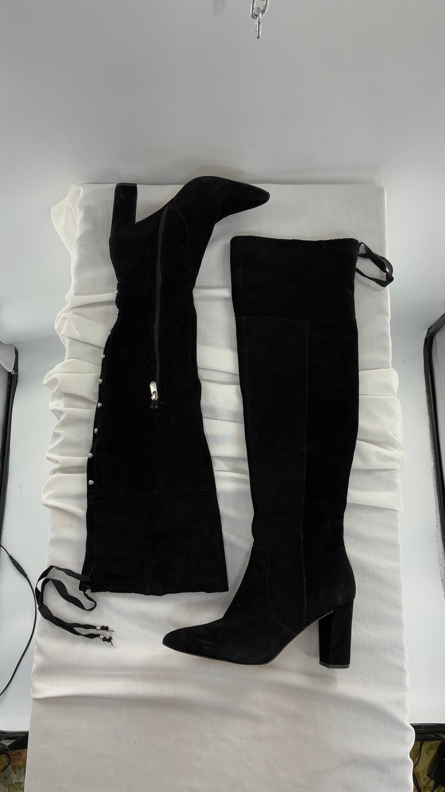 Vintage Black Genuine Suede ADRIENNE VITADINI Thigh High Pointed Toe Boots with Stud Detailing (10)