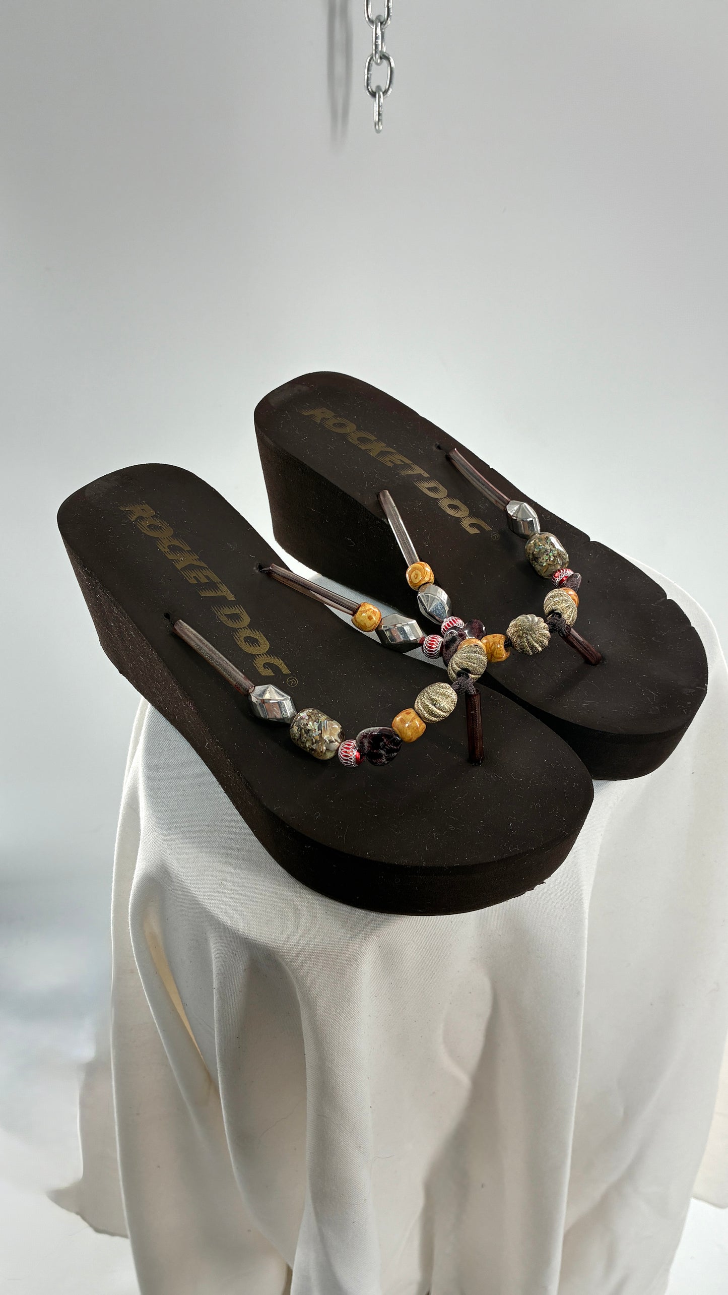 Vintage ROCKET DOG Brown Platform Sandals with Heavily Beaded Strap (9)