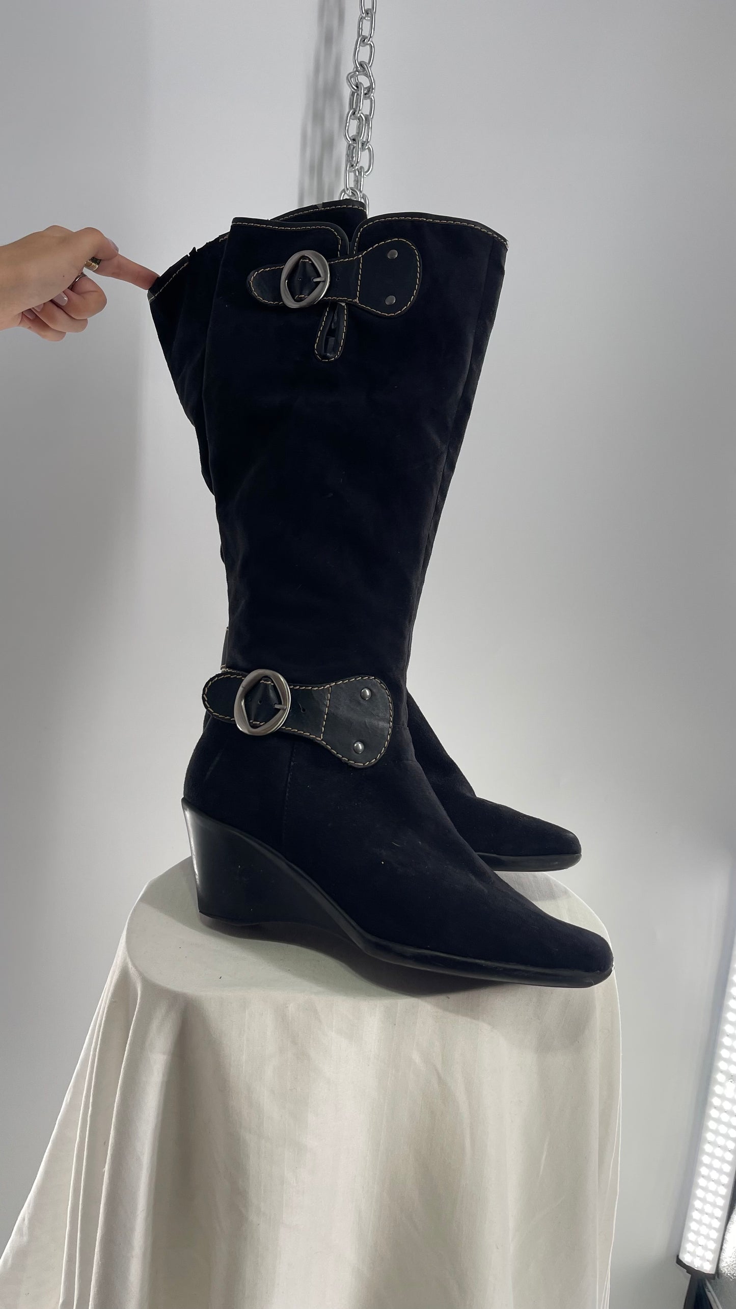 Vintage BASS Black Suede Wedge Heel Knee High Boot with Buckle Details (10)