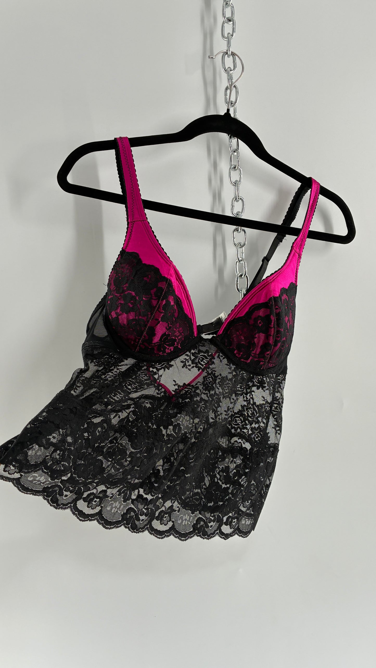 Vintage DONNA LOREN Black Lace Bustier with Satin Pink Cups (34C)