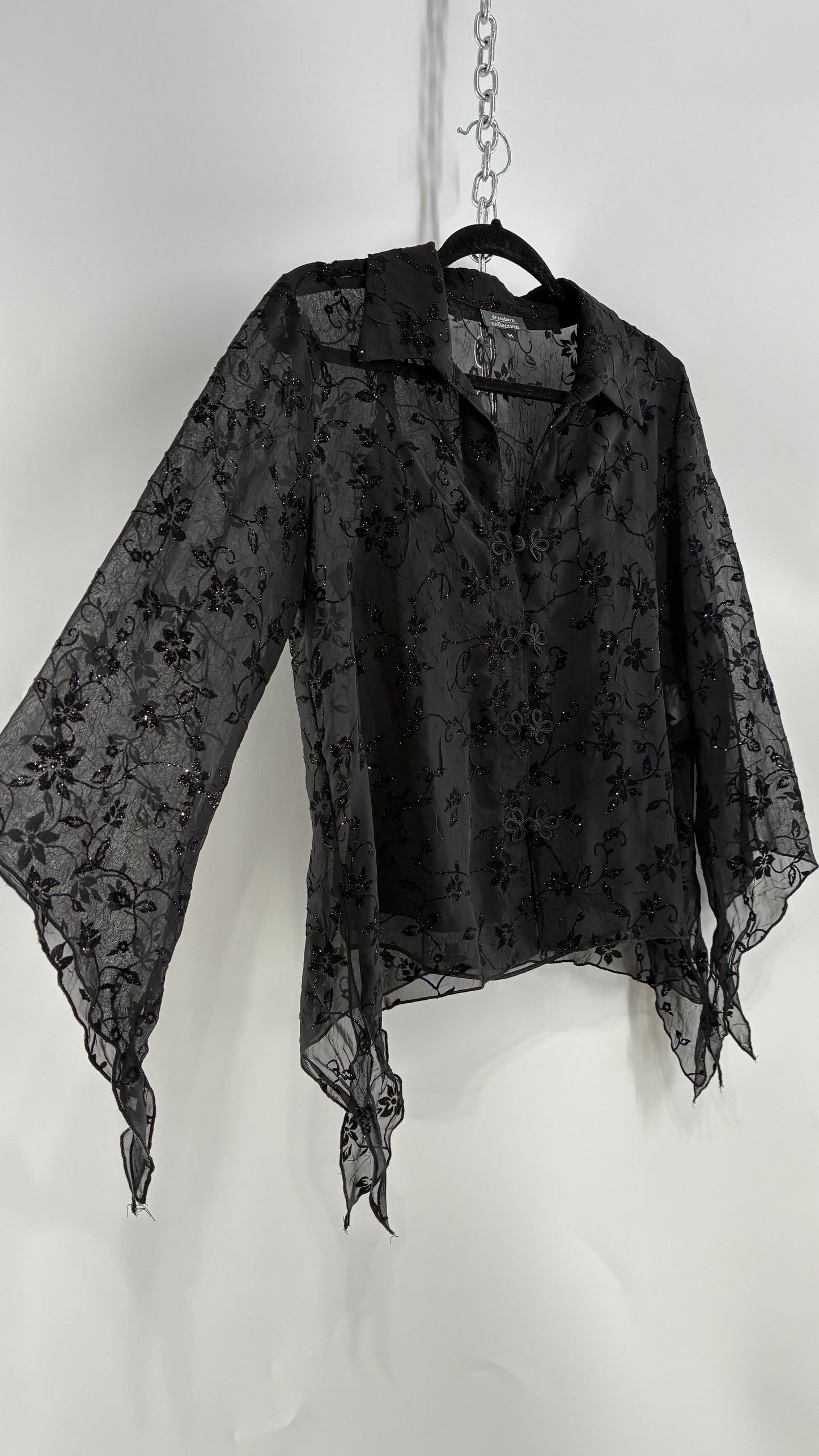 Vintage Black Handkerchief Hem Button Front Velvet Patterned Blouse (Medium)