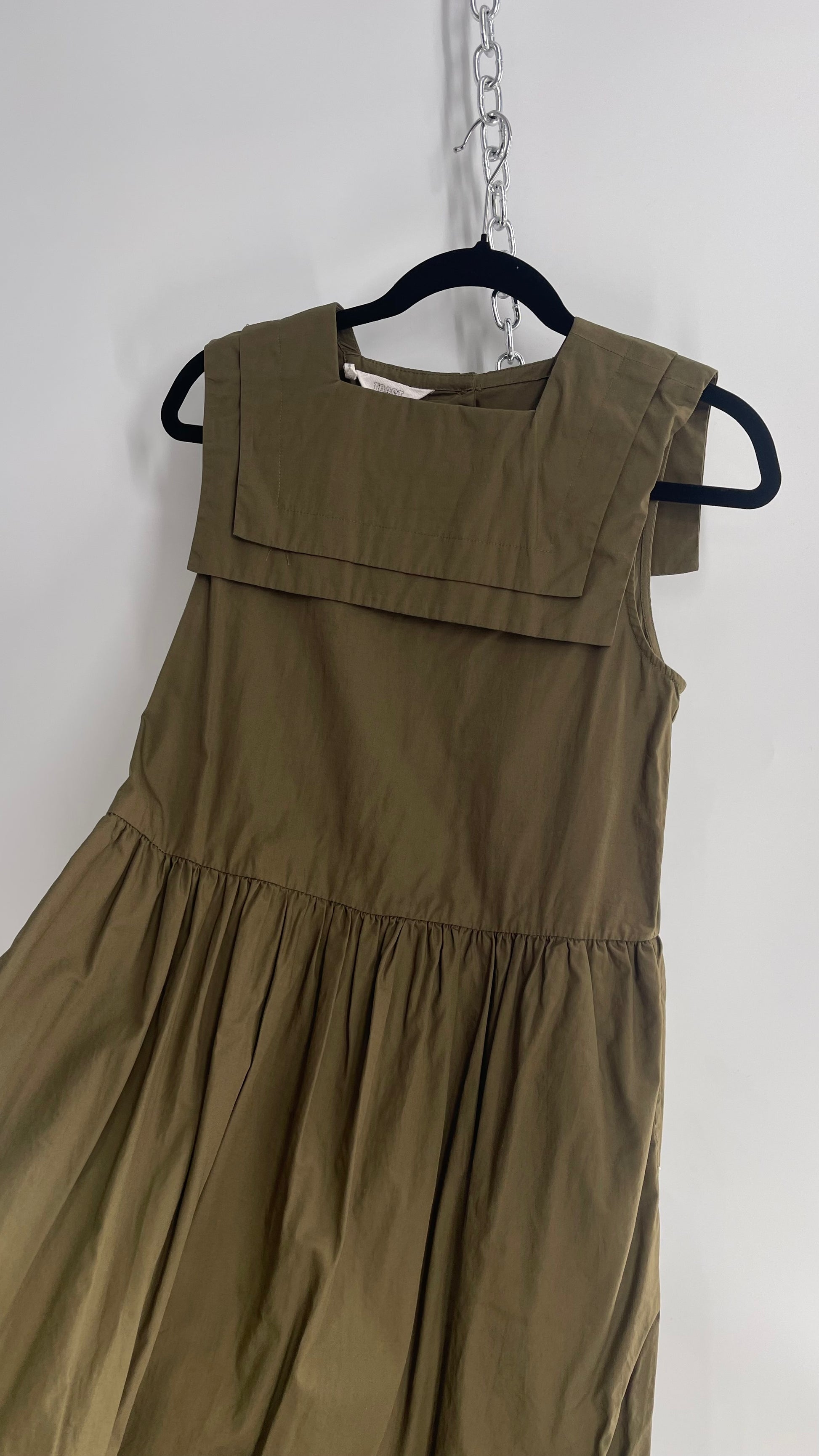 TOAST Olive Green Cotton Dress with Sailor Style Neckline (C)(6) The Thrifty Hippy TOAST Olive Green Cotton Dress with Sailor Style Neckline (C)(6) The Thrifty Hippy