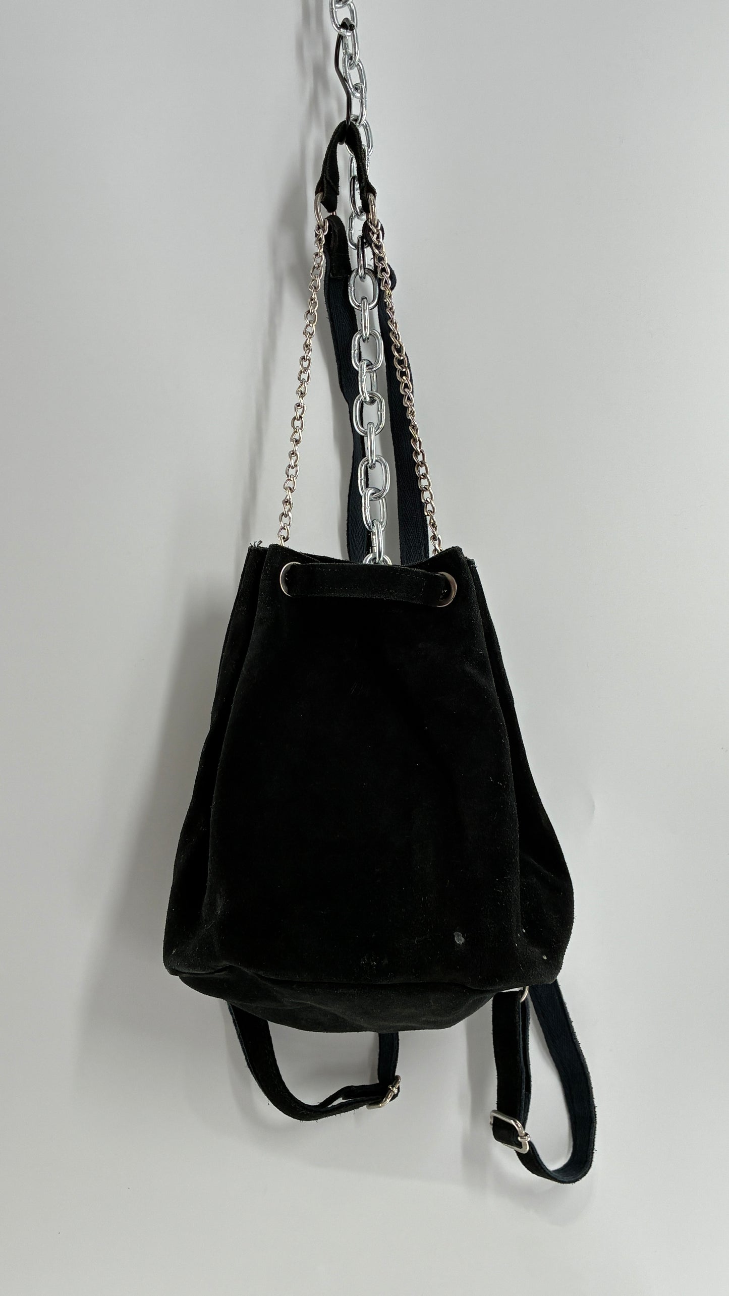 Black Genuine Suede Convertible Chain Link Backpack
