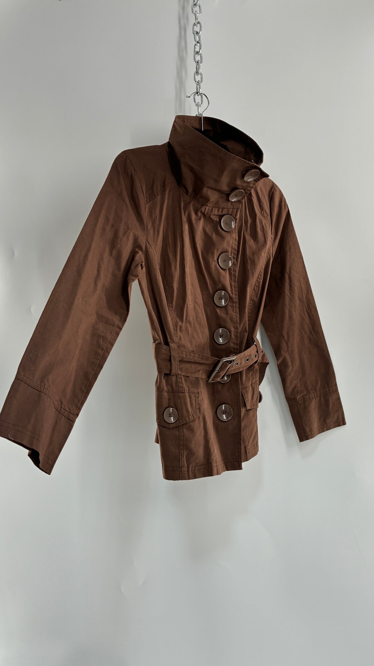 Vintage LAST KISS Brown Belted Trench Jacket with Pipe Neck and Oversized Buttons (Medium)
