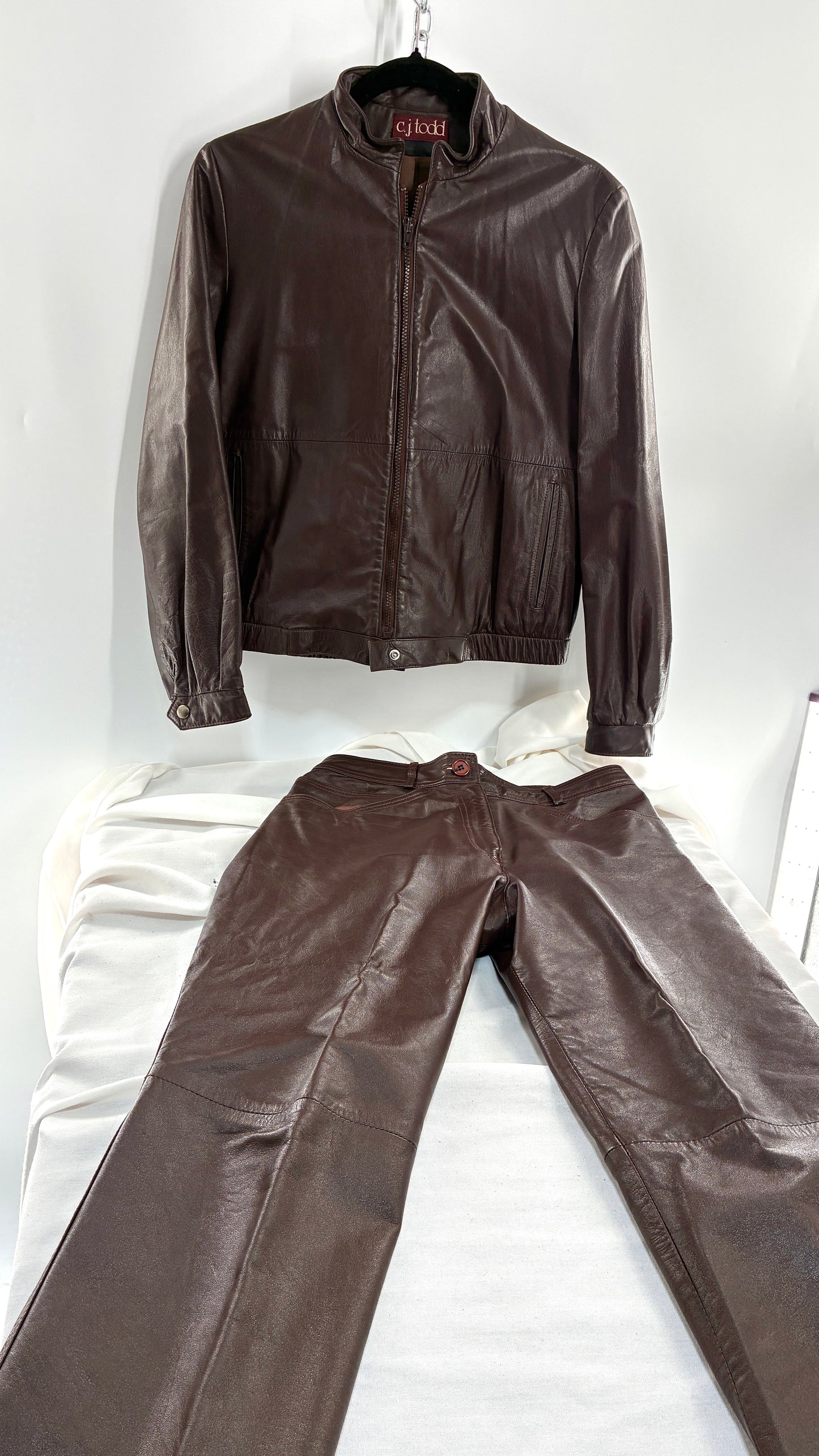 Vintage JORDACHE X CJ TODD Chocolate Brown Genuine Leather Trouser Moto Jacket Set (Small)