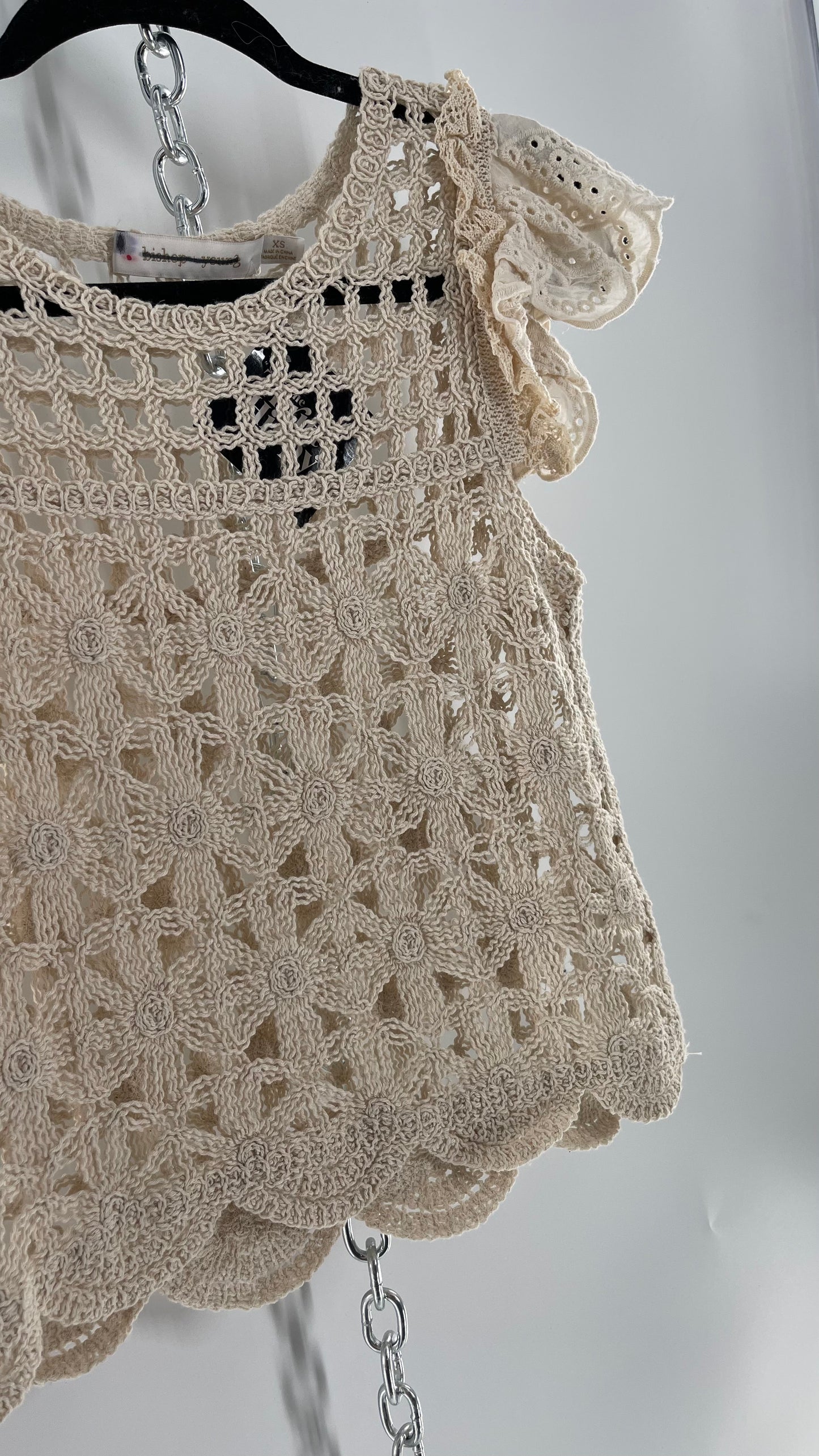 Bishop + Young Anthropologie Crochet Tank with Scalloped Hem and Lace Lined Sleeves (Small)