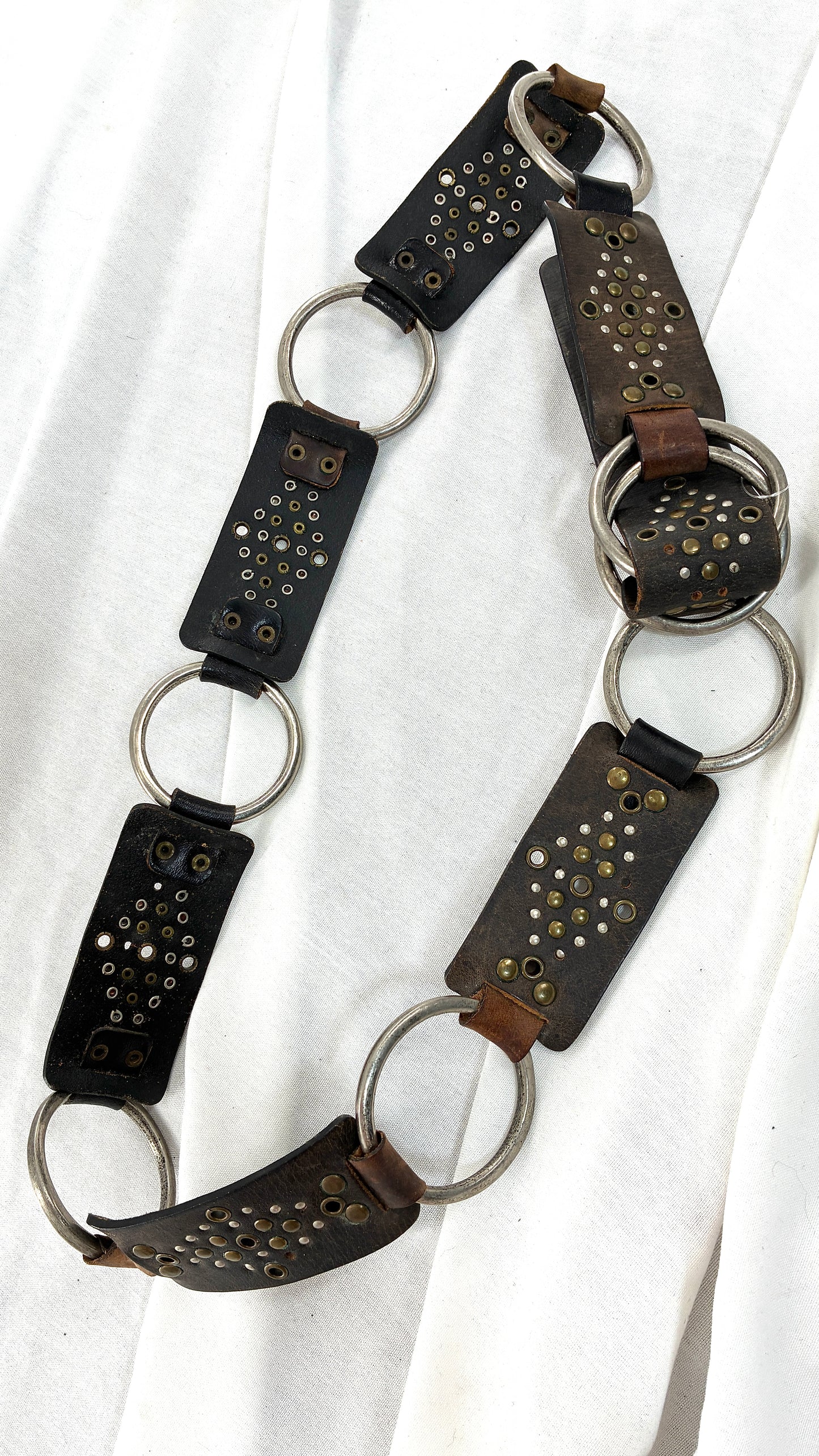 Vintage Studded Leather and Interconnected Metal Ring Belt
