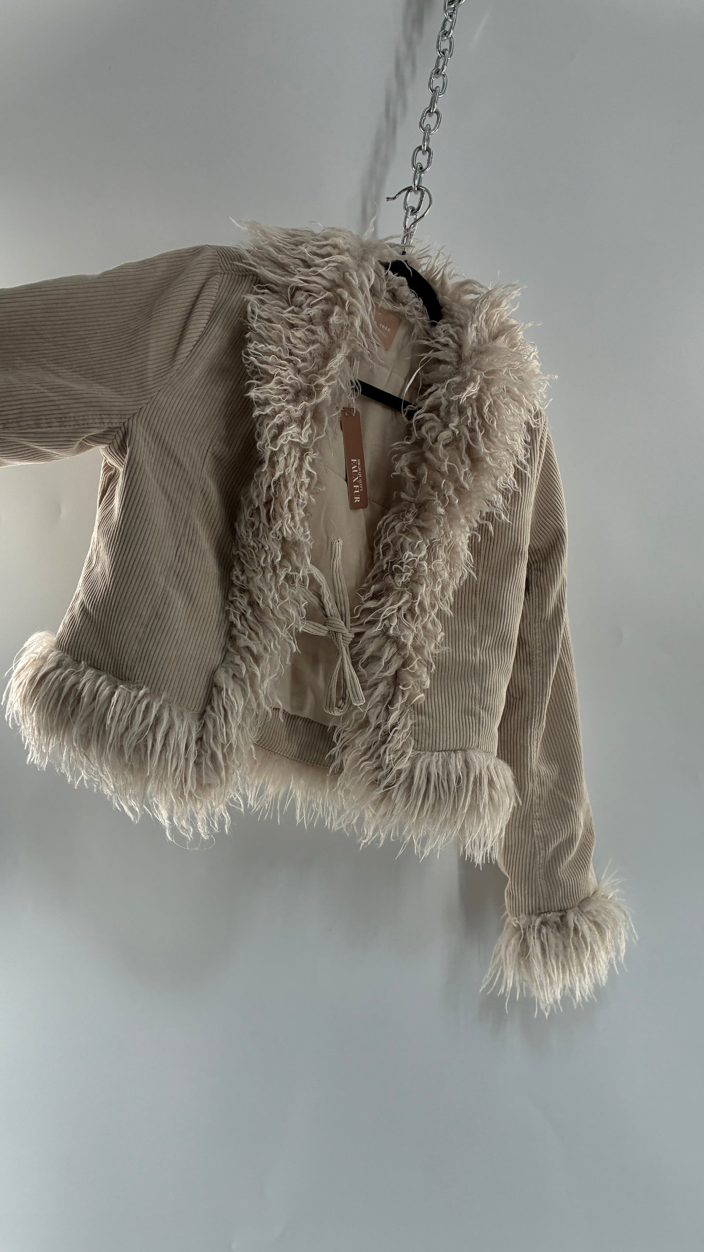 Love Tree Off White Corduroy Jacket with Faux Mongolian Trim Collar and Cuffs Tags Attached (Small)