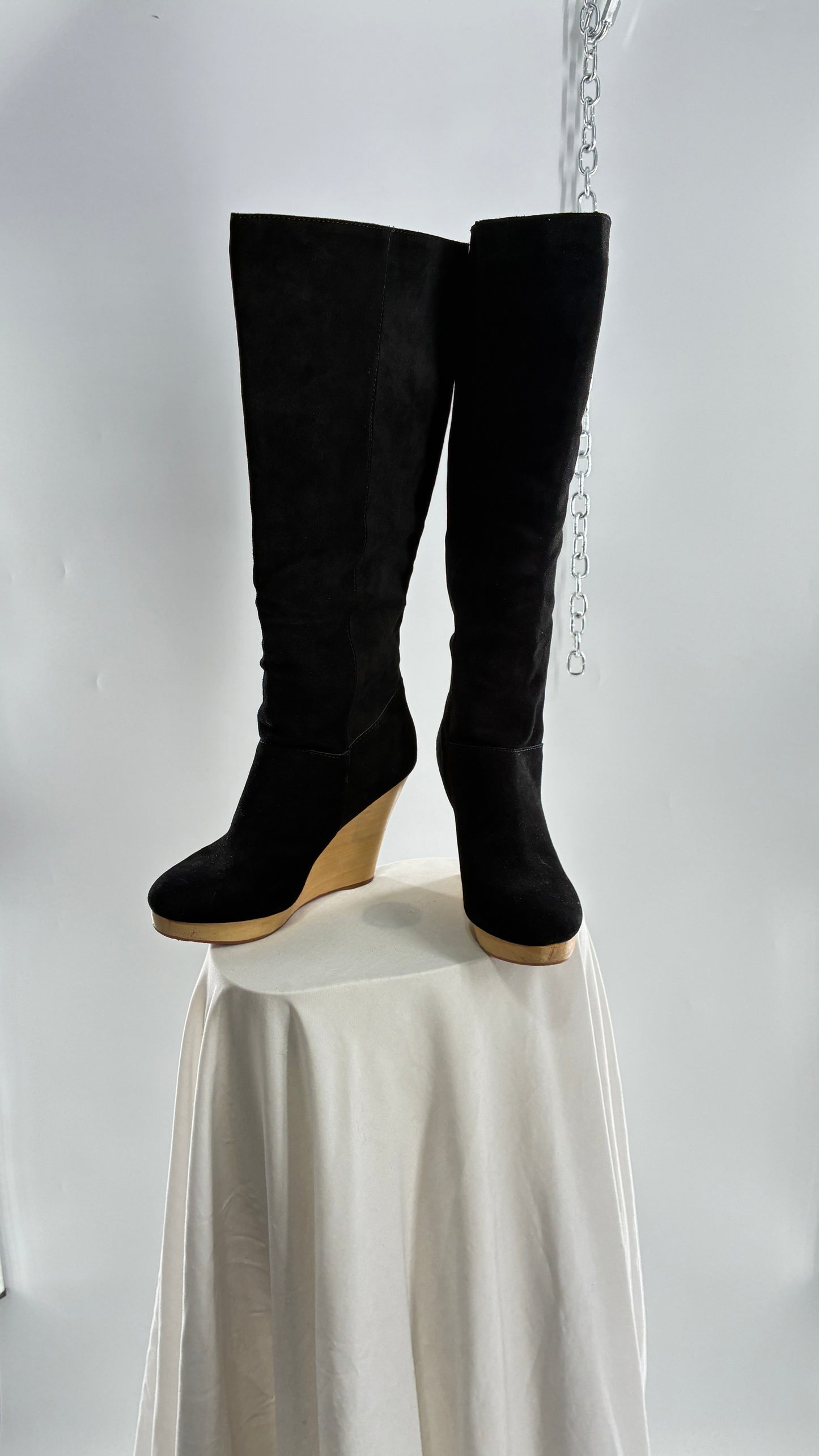 Vintage Black Genuine Suede Leather Knee High Boots with Skinny Wooden Wedge Heel (9)