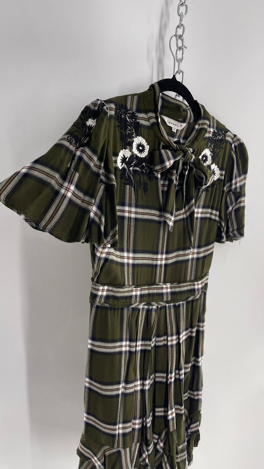 Ranna Gill Anthropologie Army Green Plaid Dress with Floral Embroidery and Bow Tie Detail (XS)