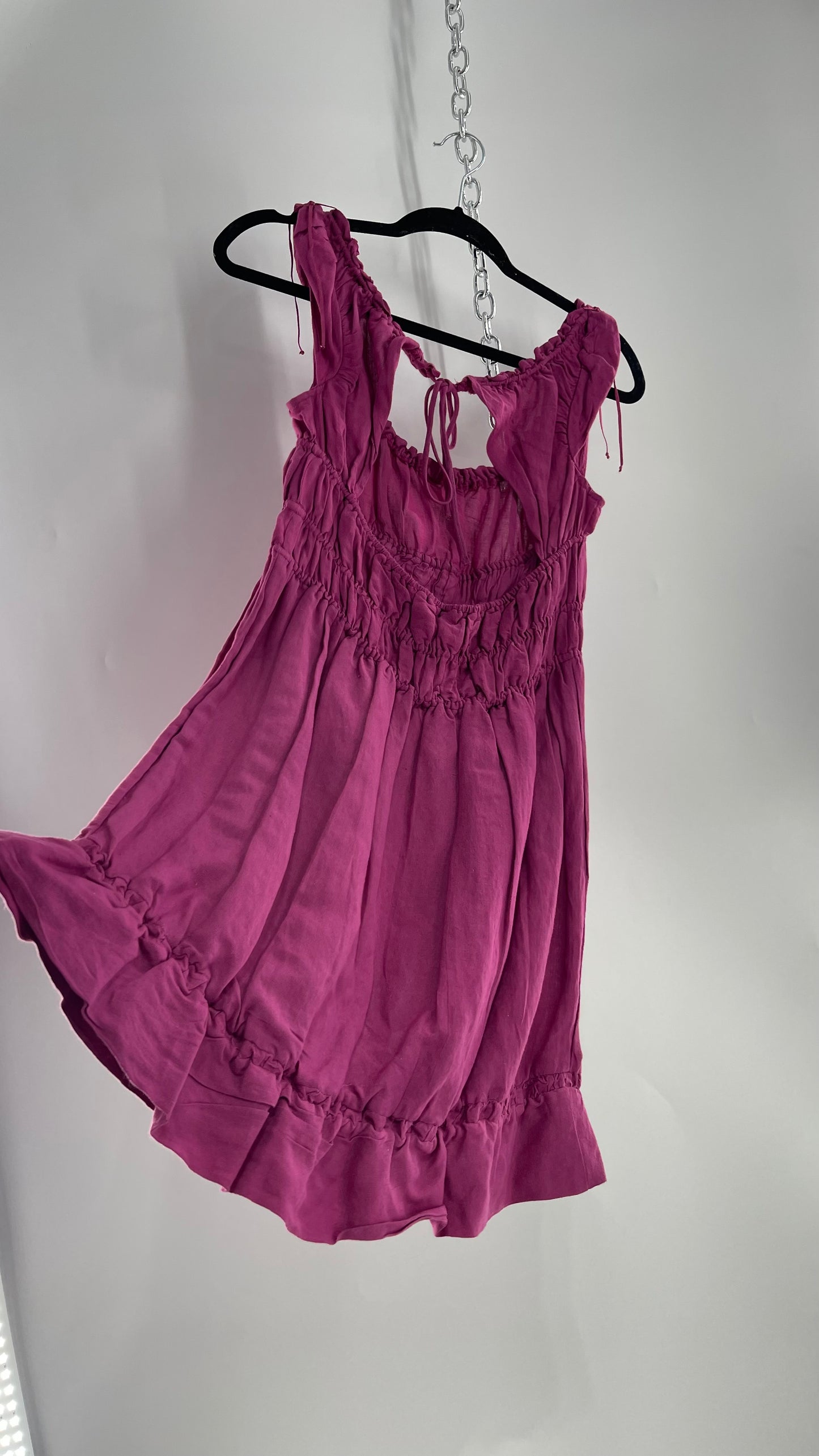 Anthropologie Mauve Cotton Dress with Smocked Bodice and Open Back (XS)