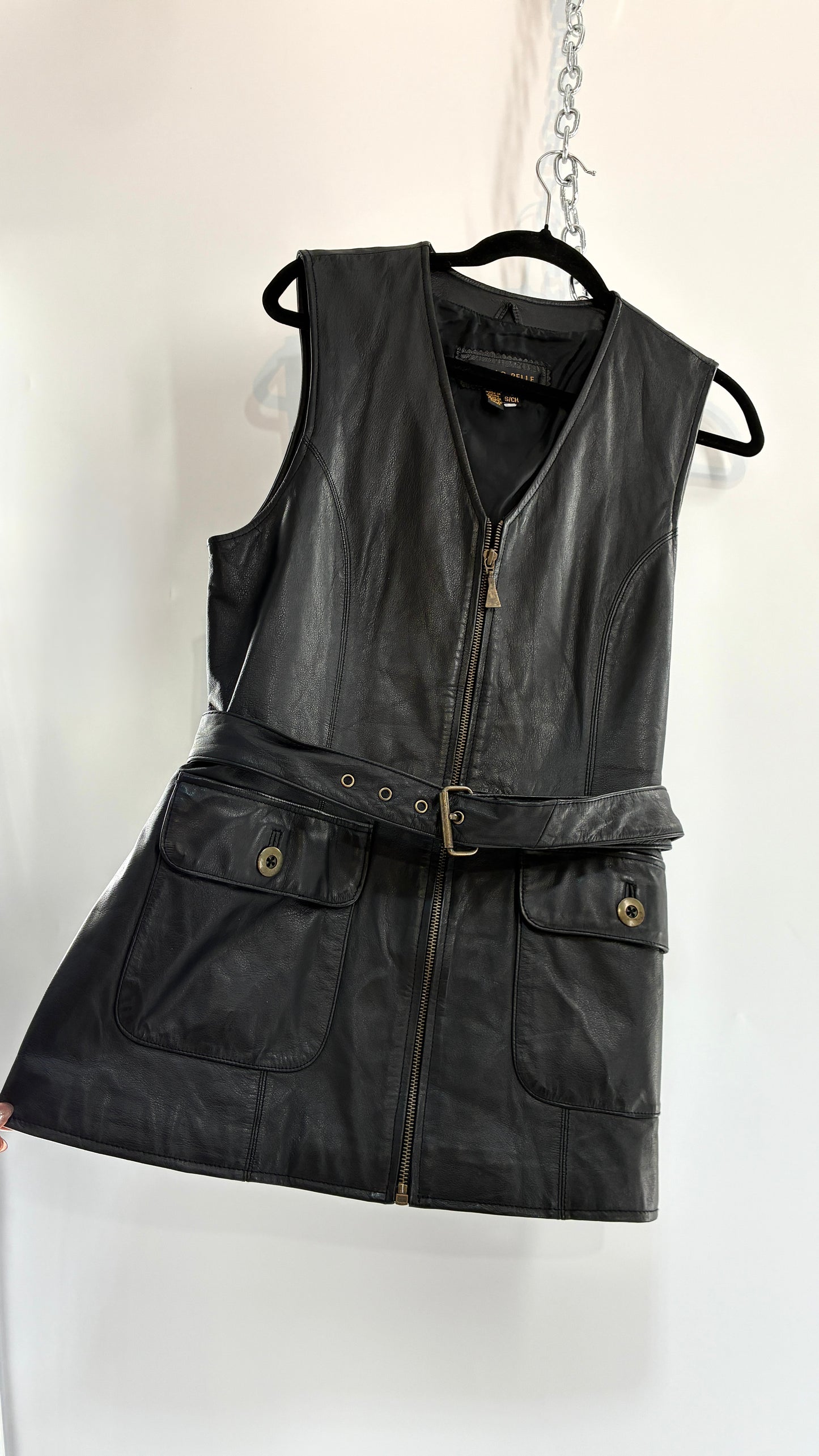 Vintage OTELLO PELLE Black Genuine Leather Belted Vest or Mini Dress Overlay (Small)