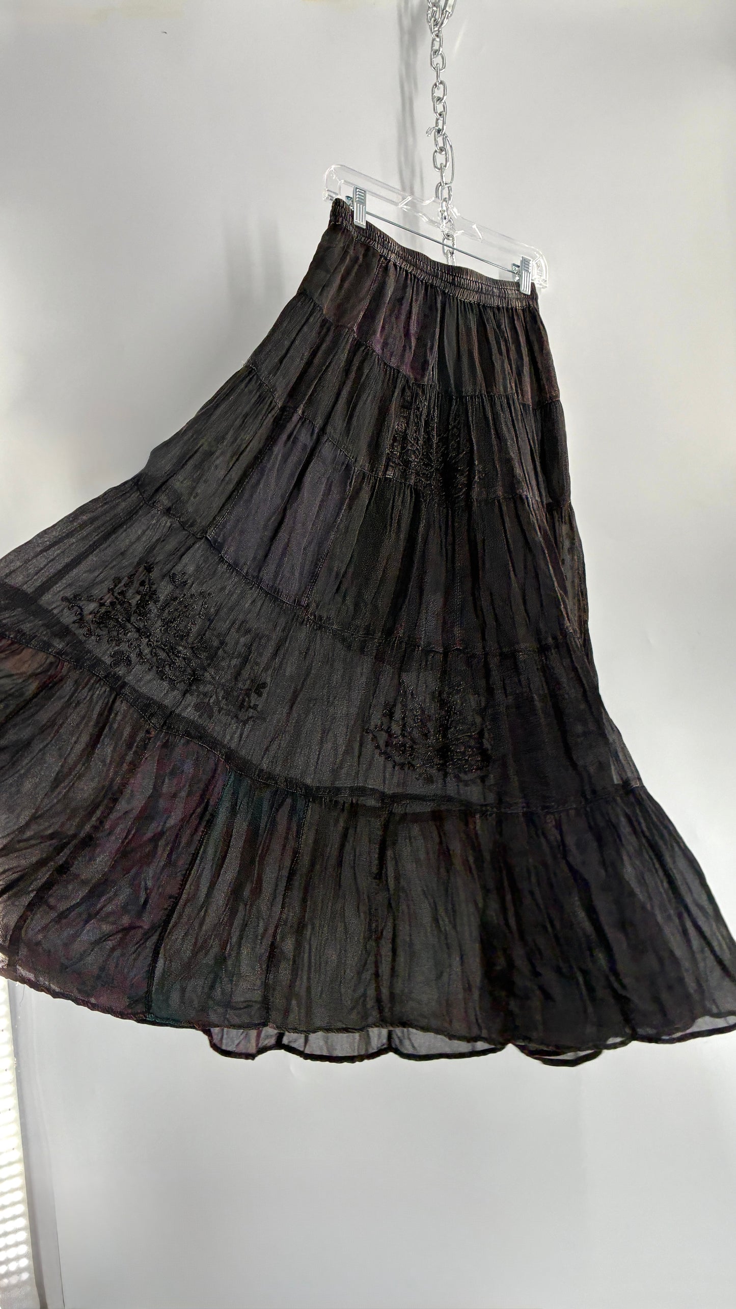 Deadstock Vintage Young Threads Charcoal Patchwork Maxi Skirt with Embroidered Details (Small)
