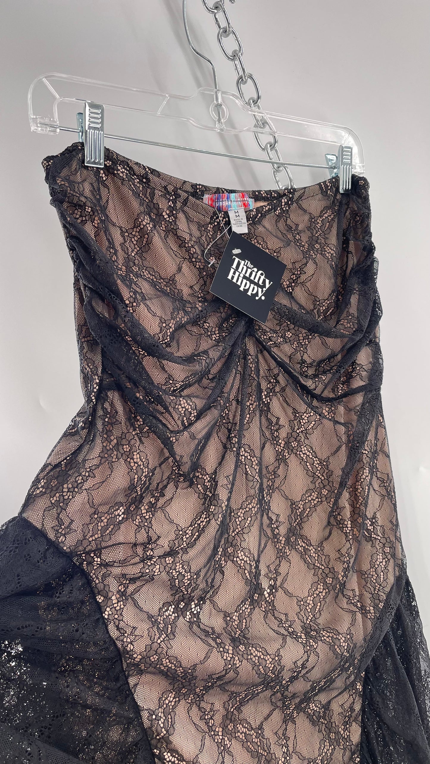 Urban Outfitters Black Lace Midi Skirt with Nude Underlay (Medium)