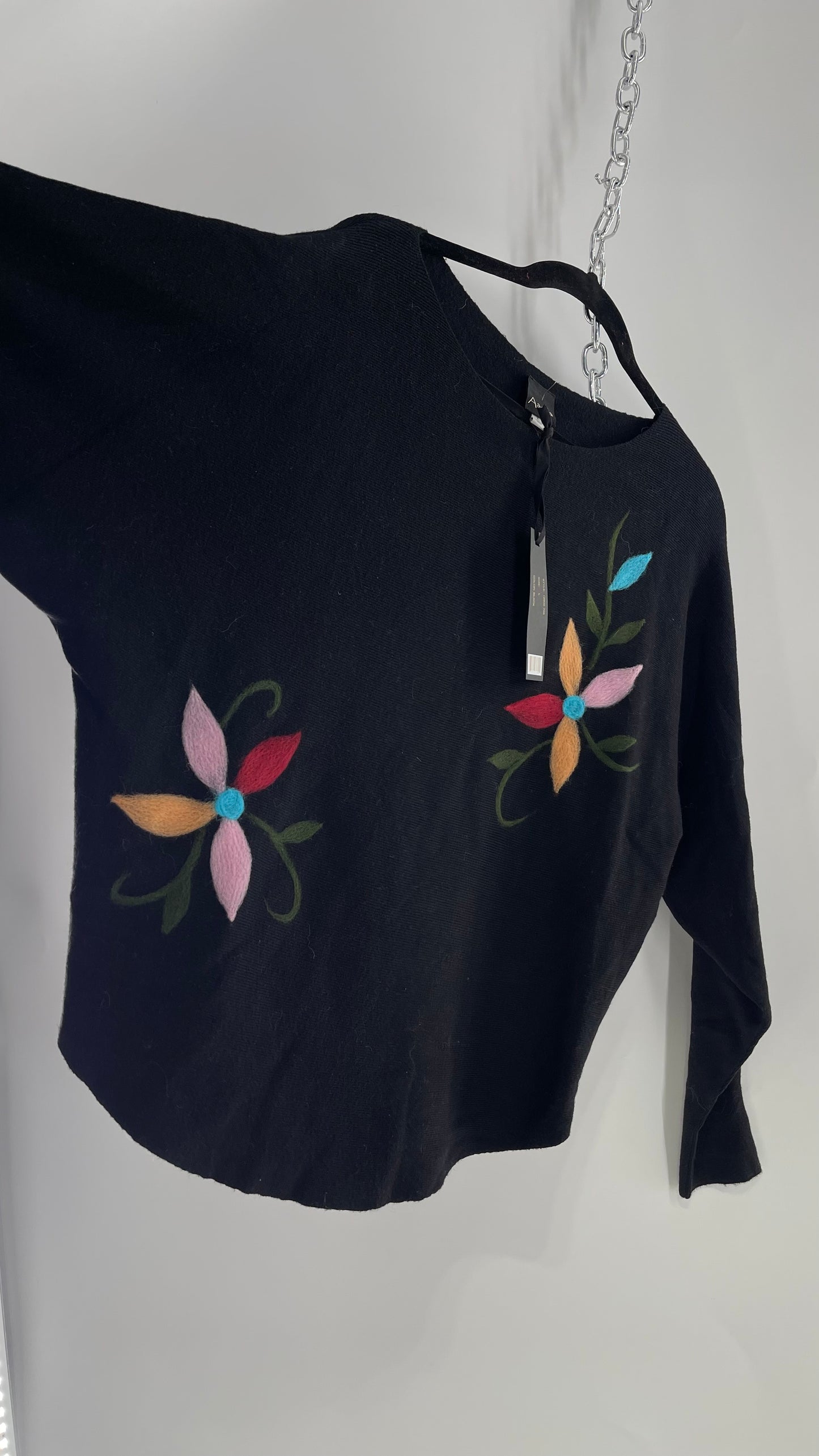 Aeda Black Sweater with Knit Flowers and Tags Attached (Large)