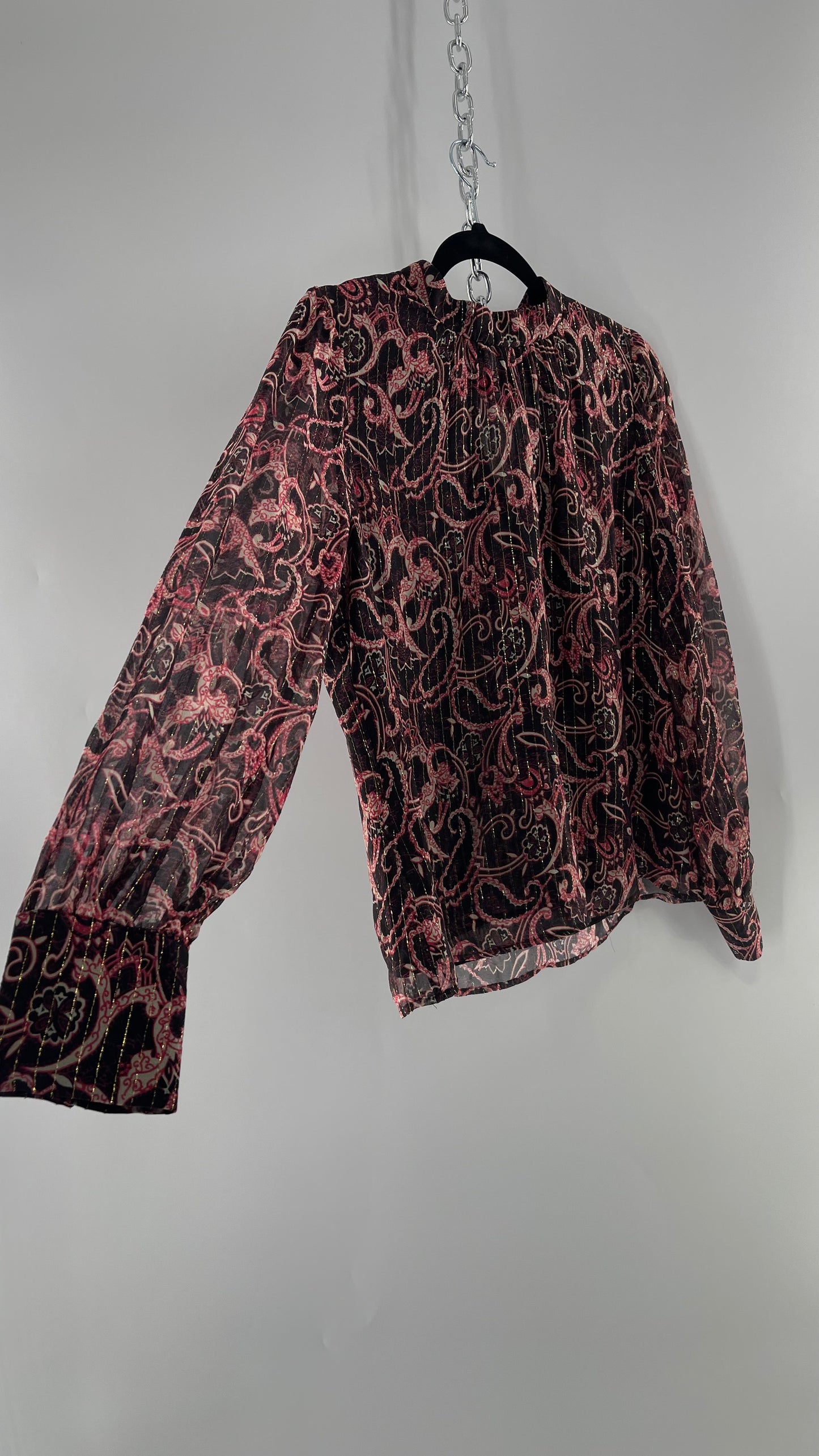 Kachel 95% Silk Black Paisley Blouse with Gold Tinsel Bessie Anthropologie (6)