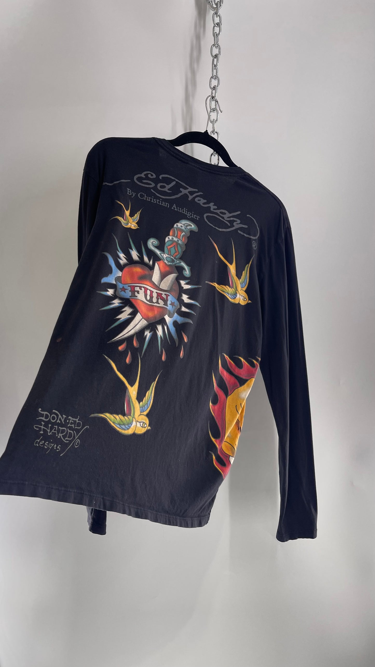 Rare Vintage Ed Hardy Pin Up Style Graphic Long Sleeve (Large)