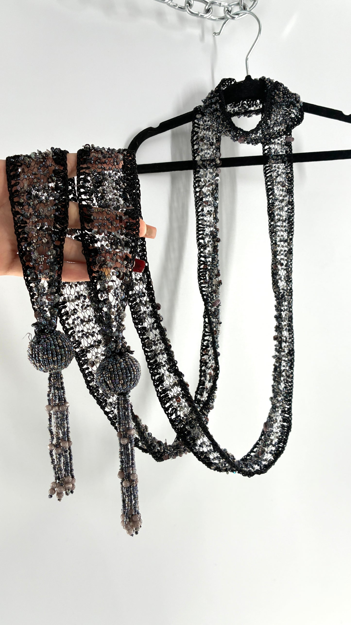 Vintage Black Netted + Crochet Scarf Necklace Covered in Heavy Beading