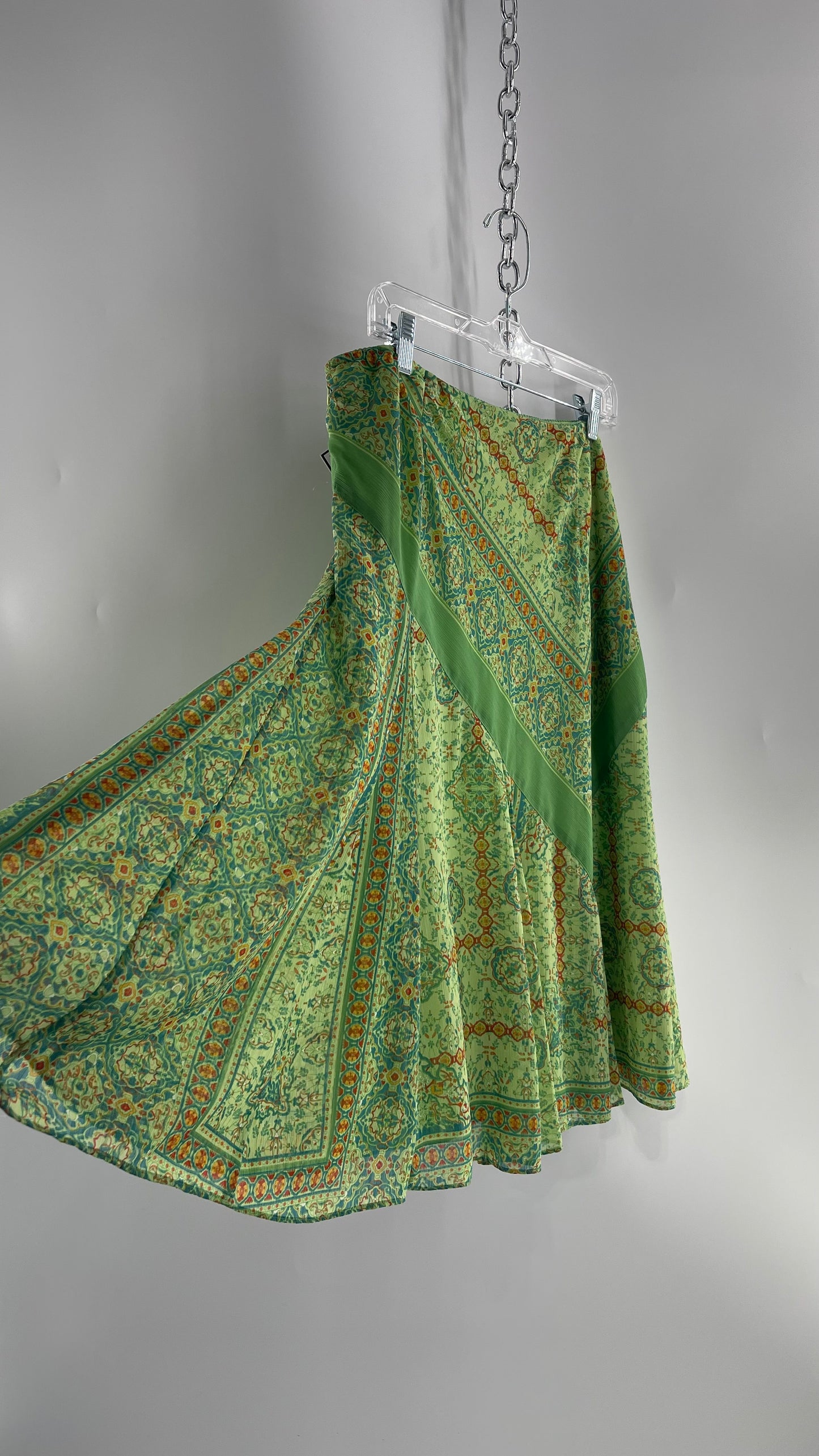 Vintage Green Mixed Pattern Midi Skirt (Large)
