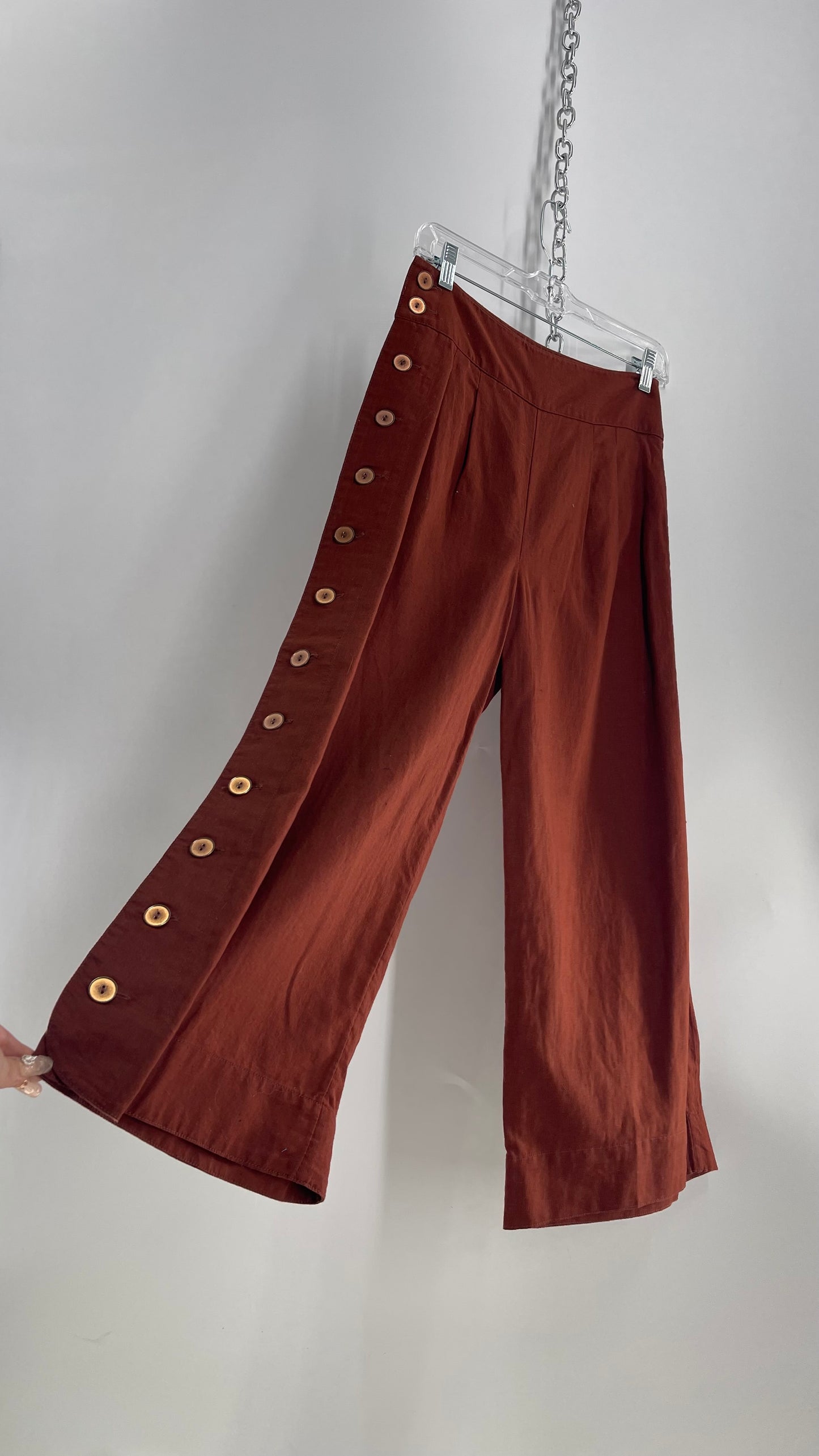 Anthropologie Brown Cotton Wide Leg Pants with Bronze Button Detailing (0)