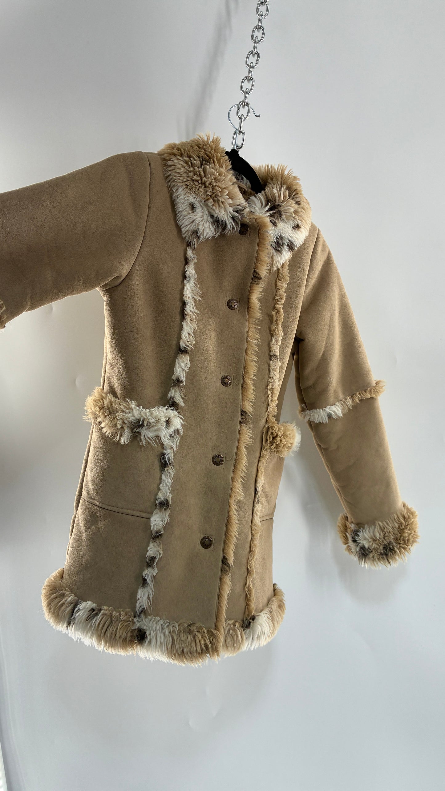 LONDON FOG (10/12) Vegan Suede Coat with Leopard Patterned Piping, Trim and Collar