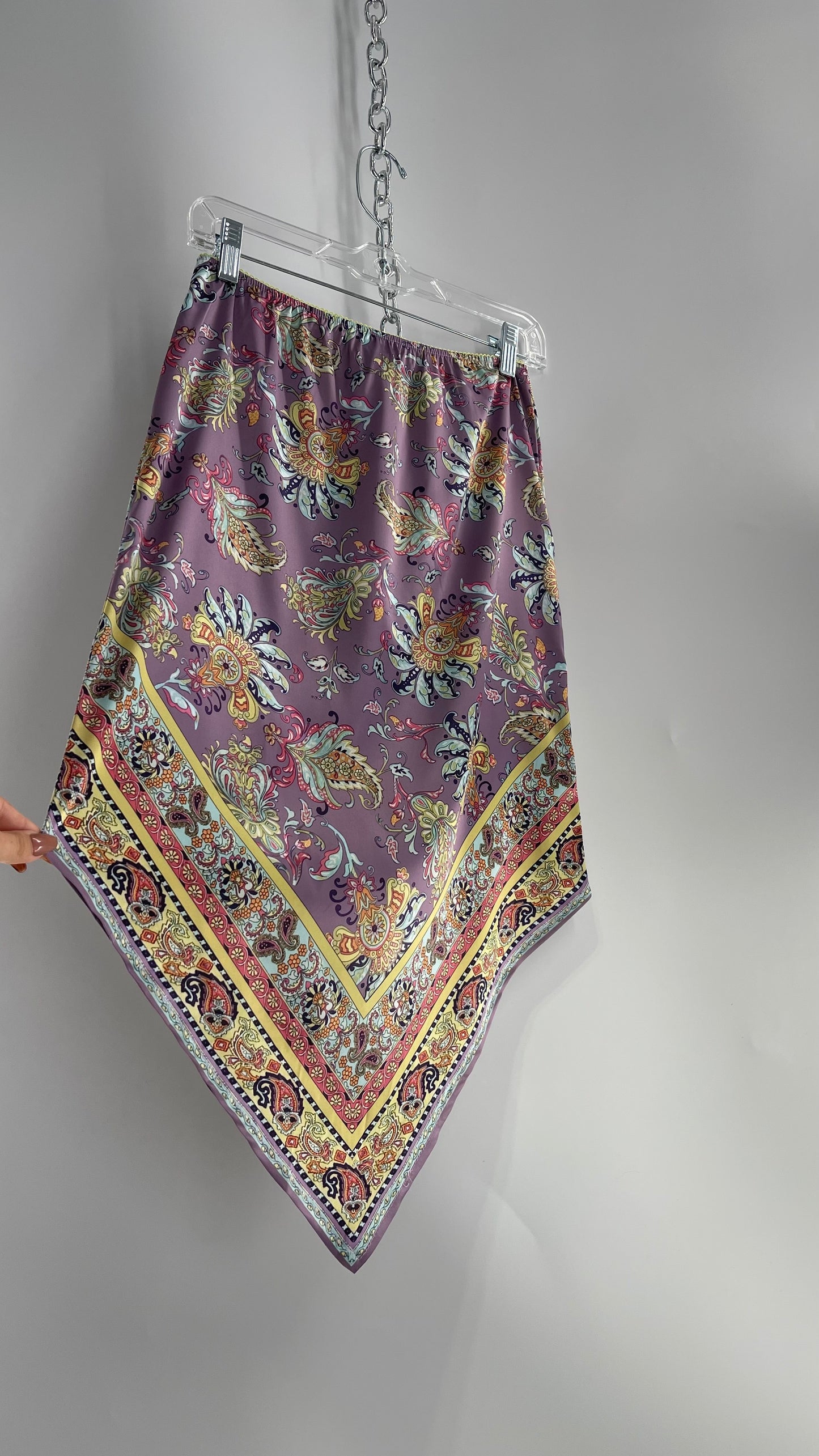 Urban Outfitters Lavender Satin Paisley Handkerchief Hem Skirt with Light Green Ribbon Waistline (Small)