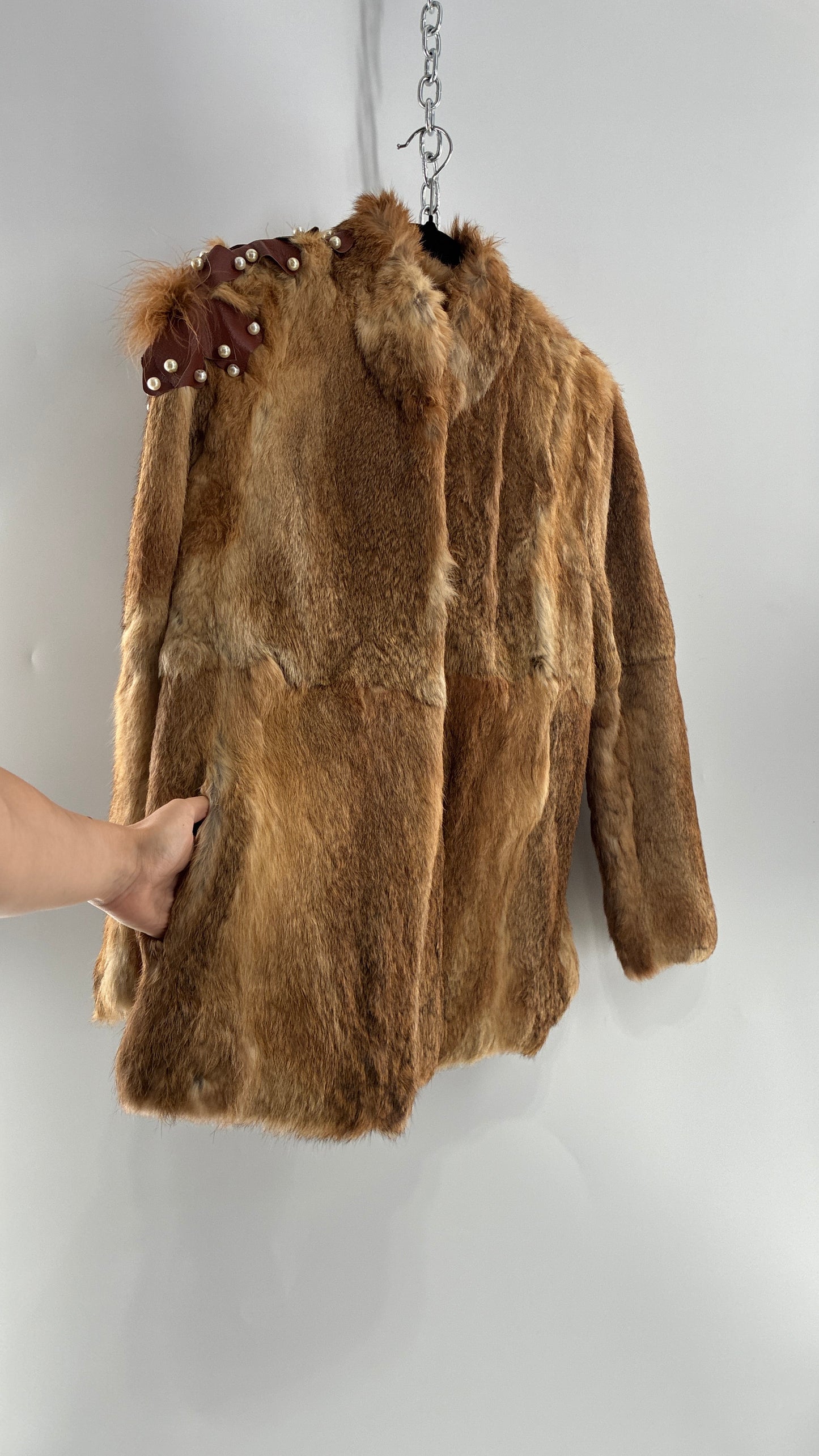 Vintage OPERA Montreal New York Genuine Fur Coat with Pearl Embellished Leather Flower Appliqués (Medium)