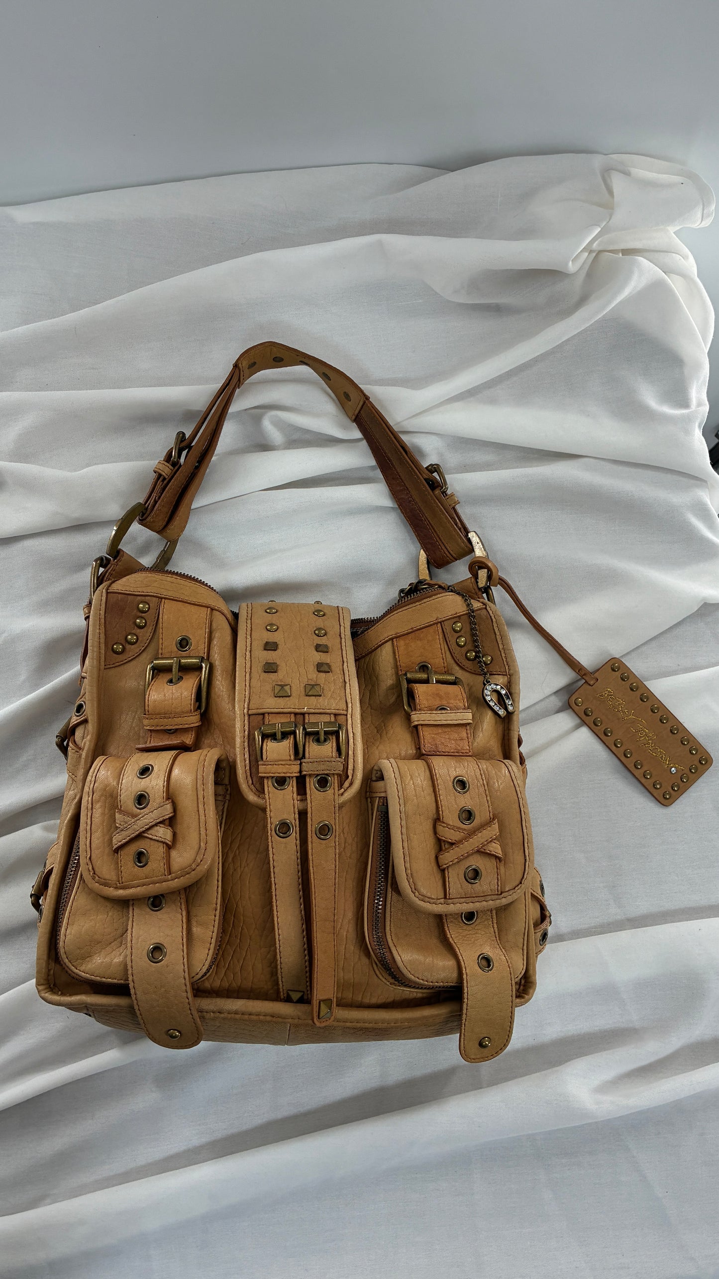 Rare Vintage BETSEY JOHNSON Heavy Leather, Oversized Shoulder Bag with Leopard Lining