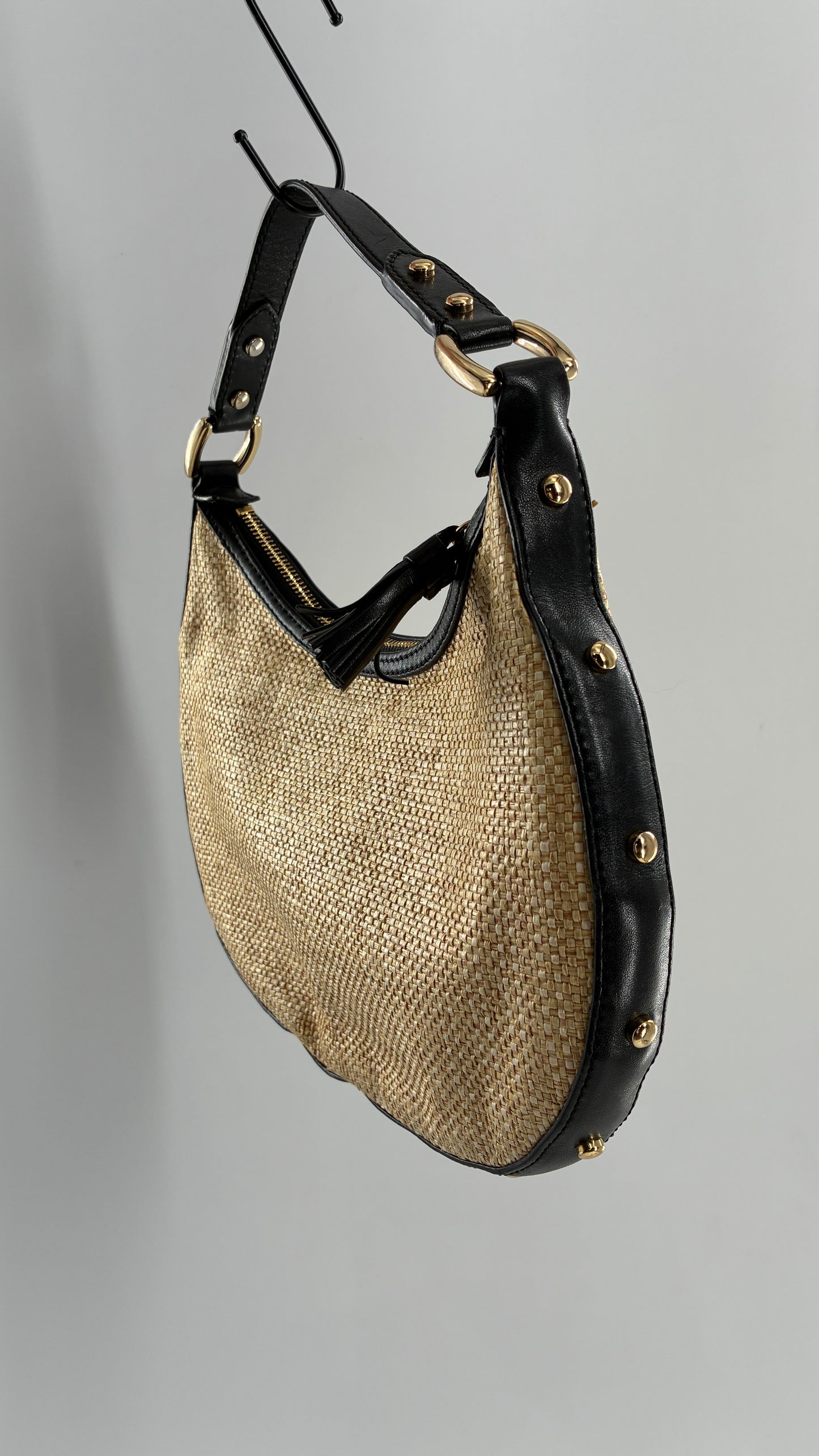 Vintage COLE HAAN Straw Shoulder Purse with Black Leather, Gold Studded Trim