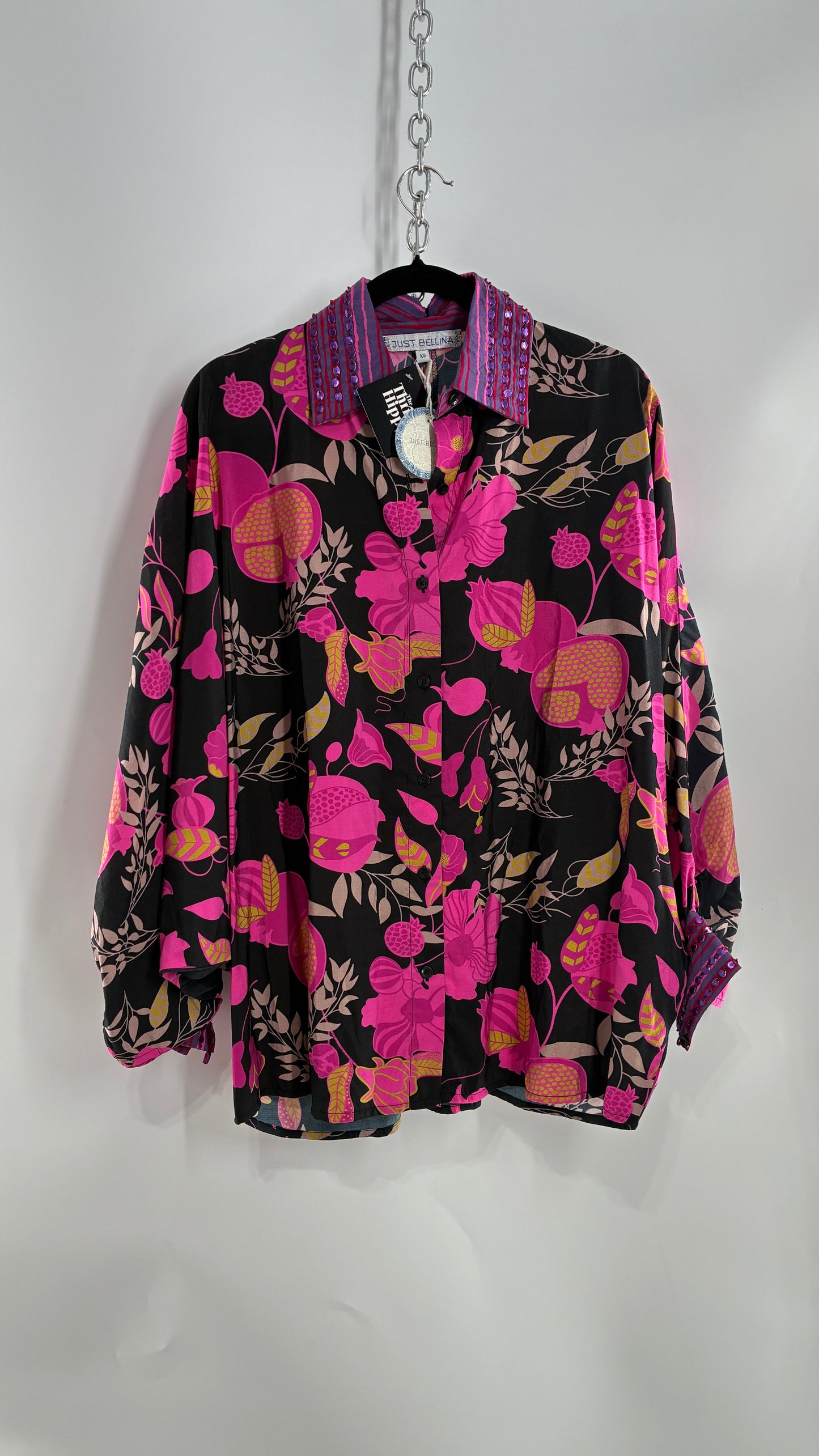 JUST BELLINA Black Oversized Blouse with Exaggerated Sleeves, Embroidered Collar and Tags Attached (XS)