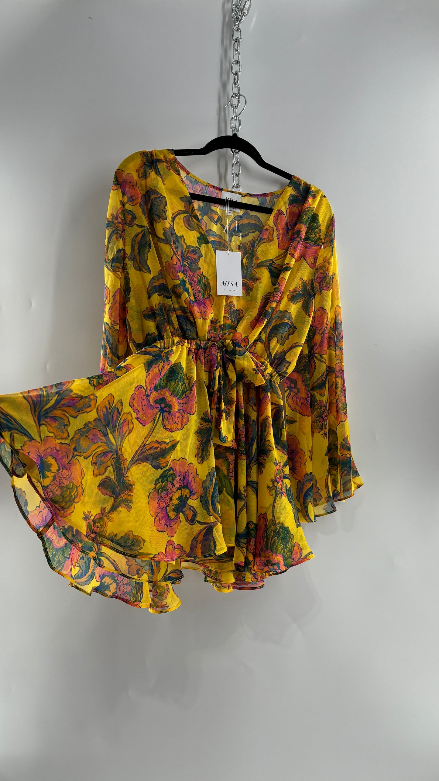 MISA Los Angeles KAIA Yellow Floral Bell Sleeve Long Sleeve Top/Micro Mini Dress with Tags (Small)