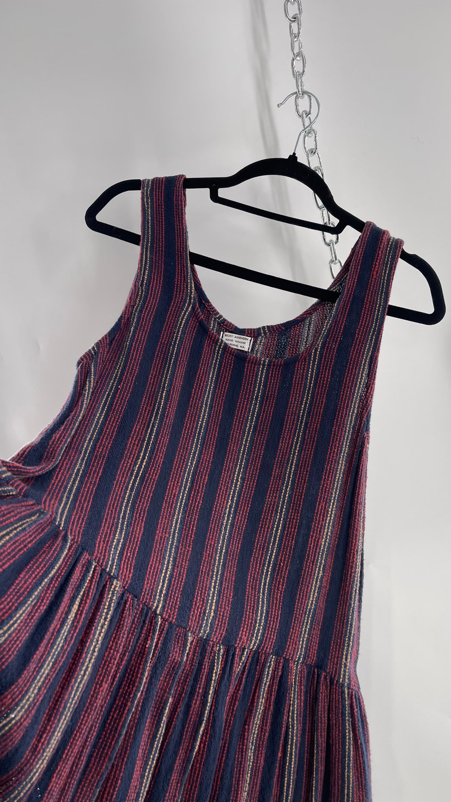 Becky Ashenden Vintage Hand Woven Shelburne, MA Midi Overall Dress with Pockets (M)