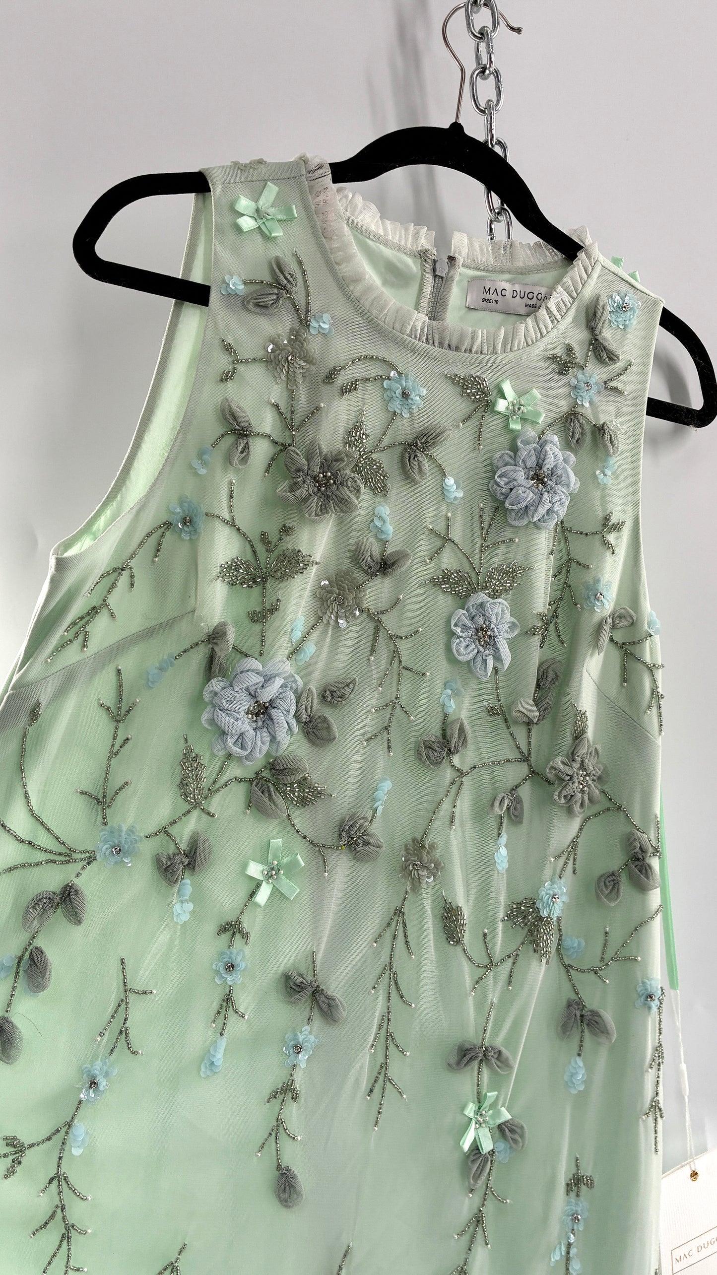 MAC DUGGAL Green Embellished Ruffle Tiered High Neck Floral Dress (10)