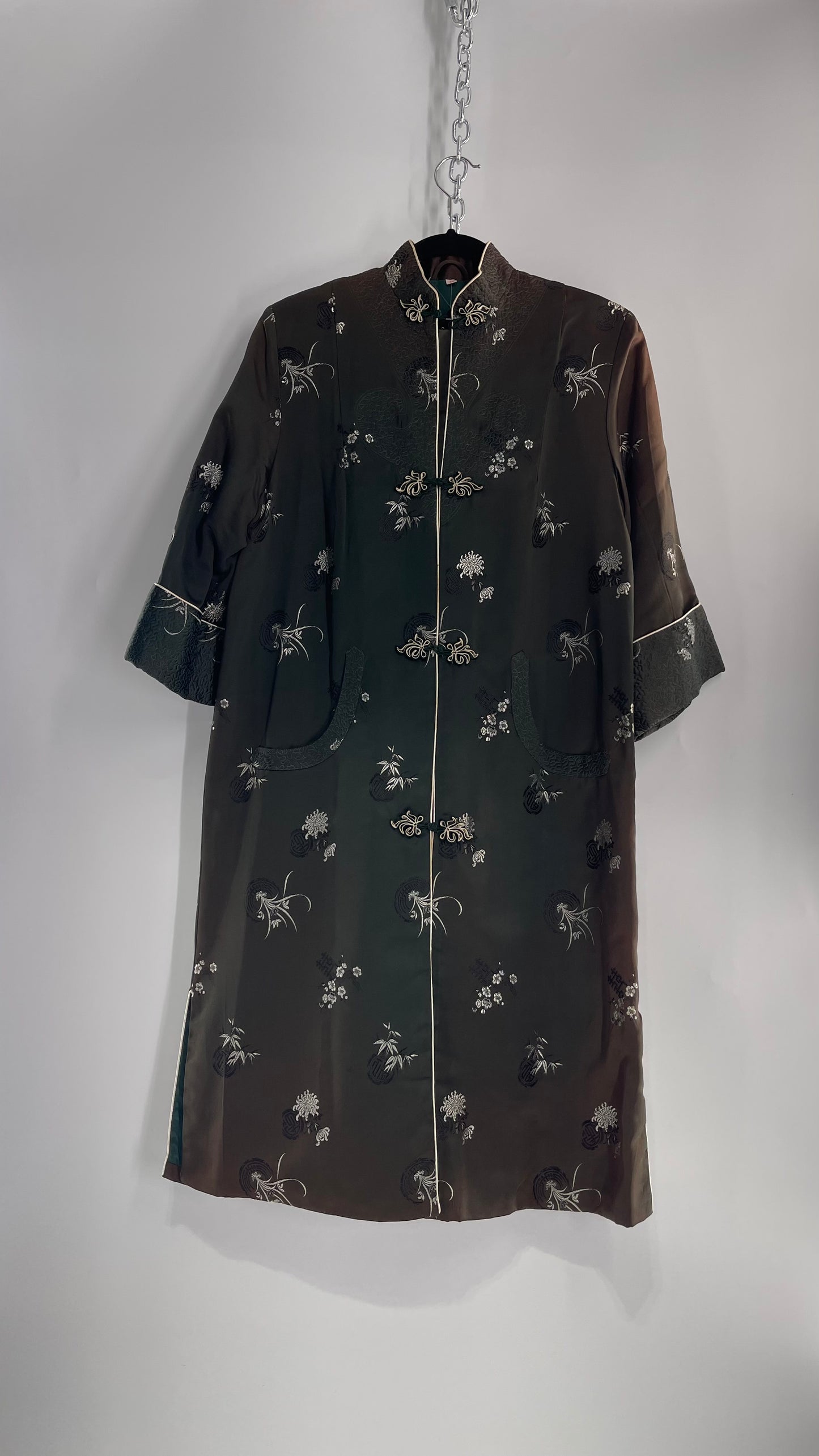 Vintage Hong Kong, Hand Made, Dark Green Silk Kimono Coat/Smoking Jacket (38)