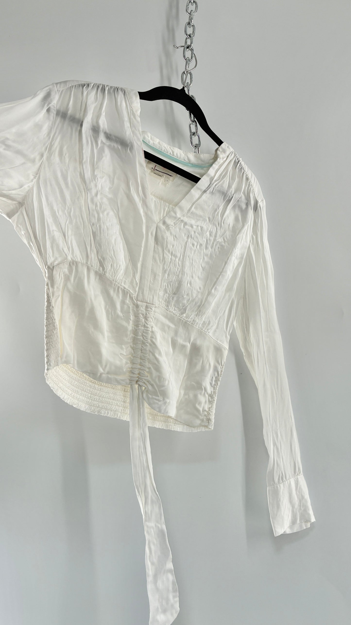 ANTHROPOLOGIE 100% Viscose White Silky Ruche Waist Blouse (Large)