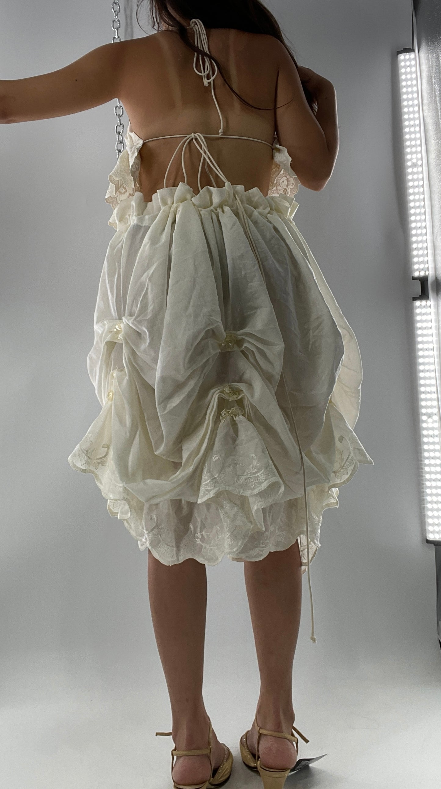 Custom Vintage Cottage Off White Set with Ruched/Scalloped Lace/Backless Top and Draping/Ribbon Skirt (One Size)