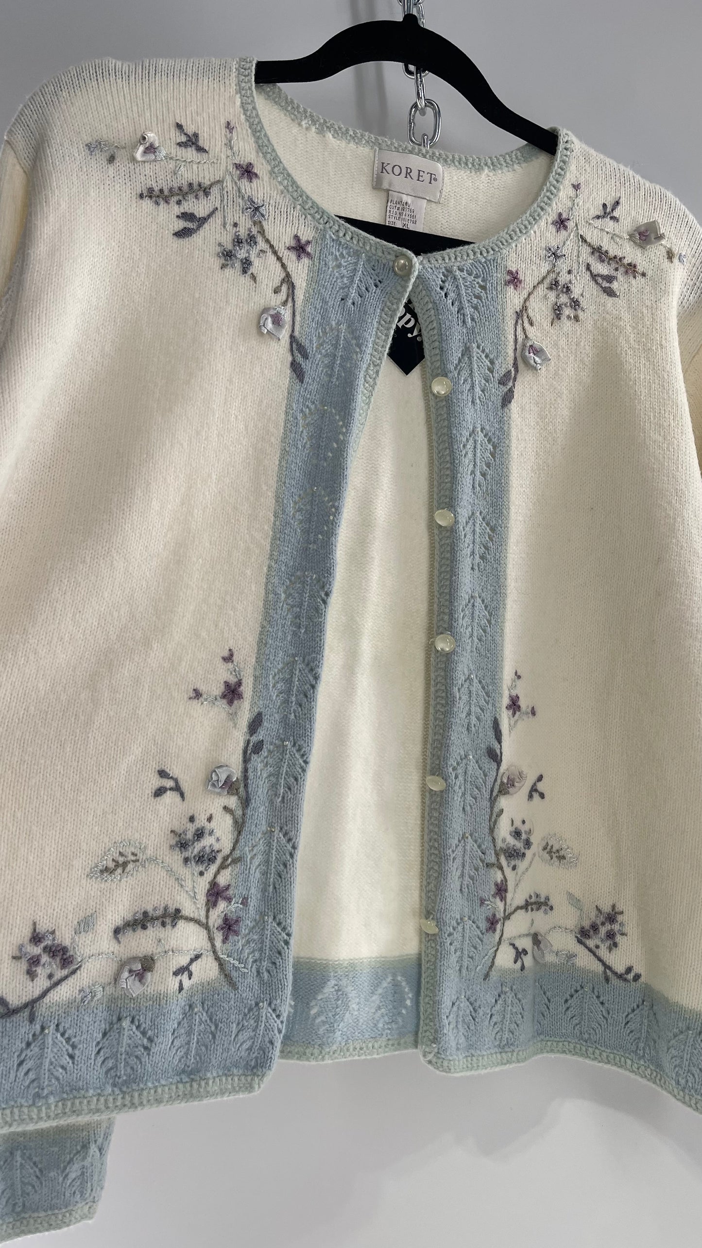 Vintage Cream and Powder Blue Cardigan with Hand Embroidered Details (XL)