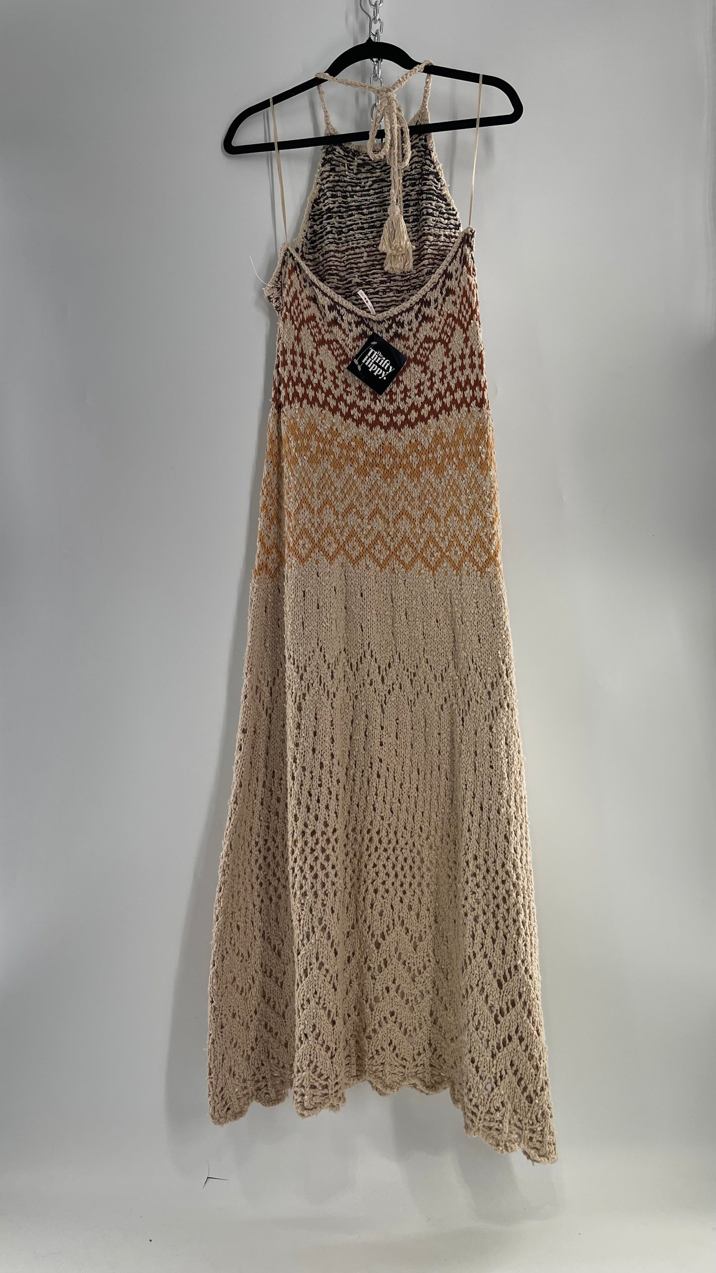 Free People Beige Ikat Oasis Knit Halter Maxi Dress (Small)