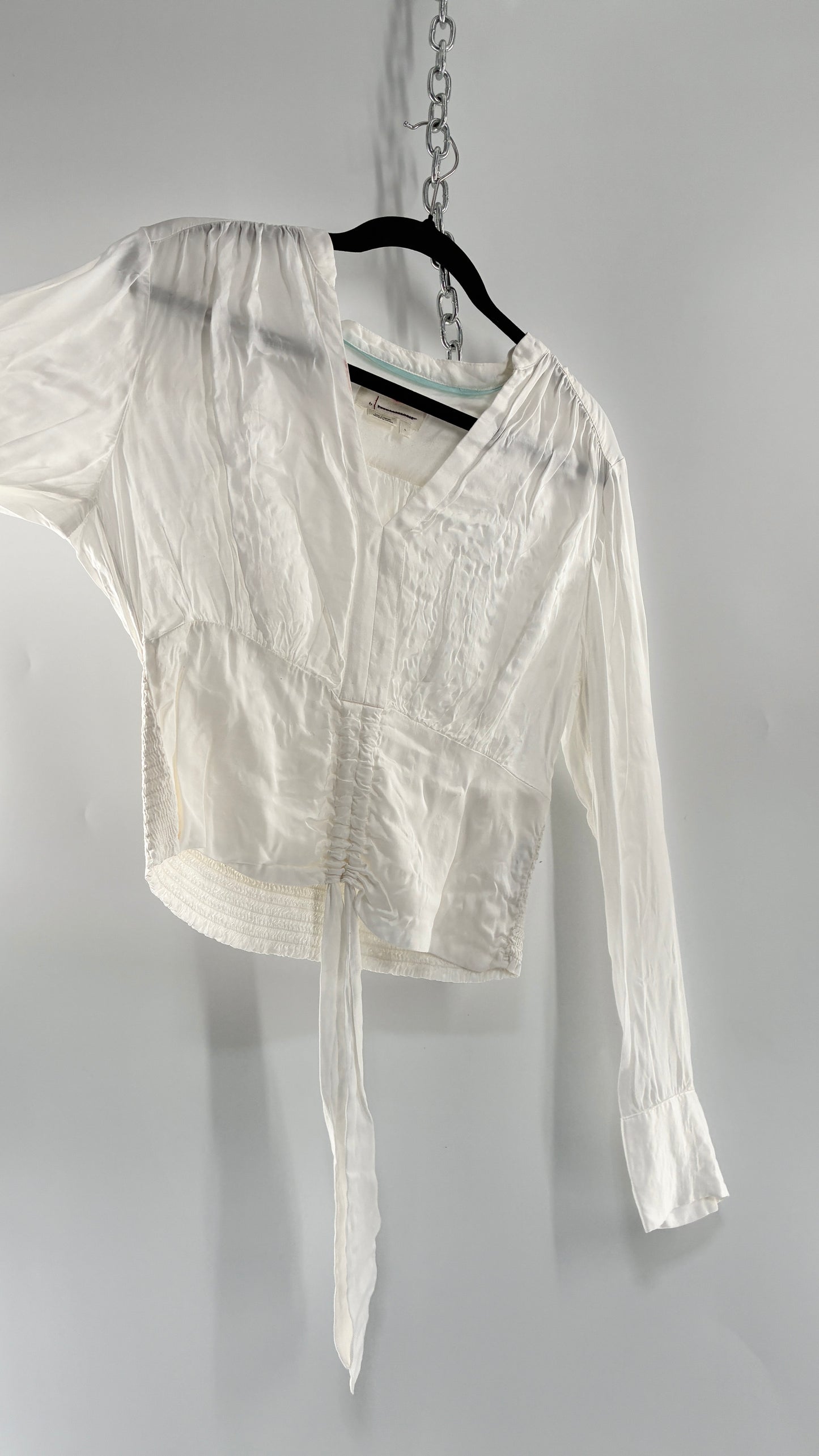 ANTHROPOLOGIE 100% Viscose White Silky Ruche Waist Blouse (Large)