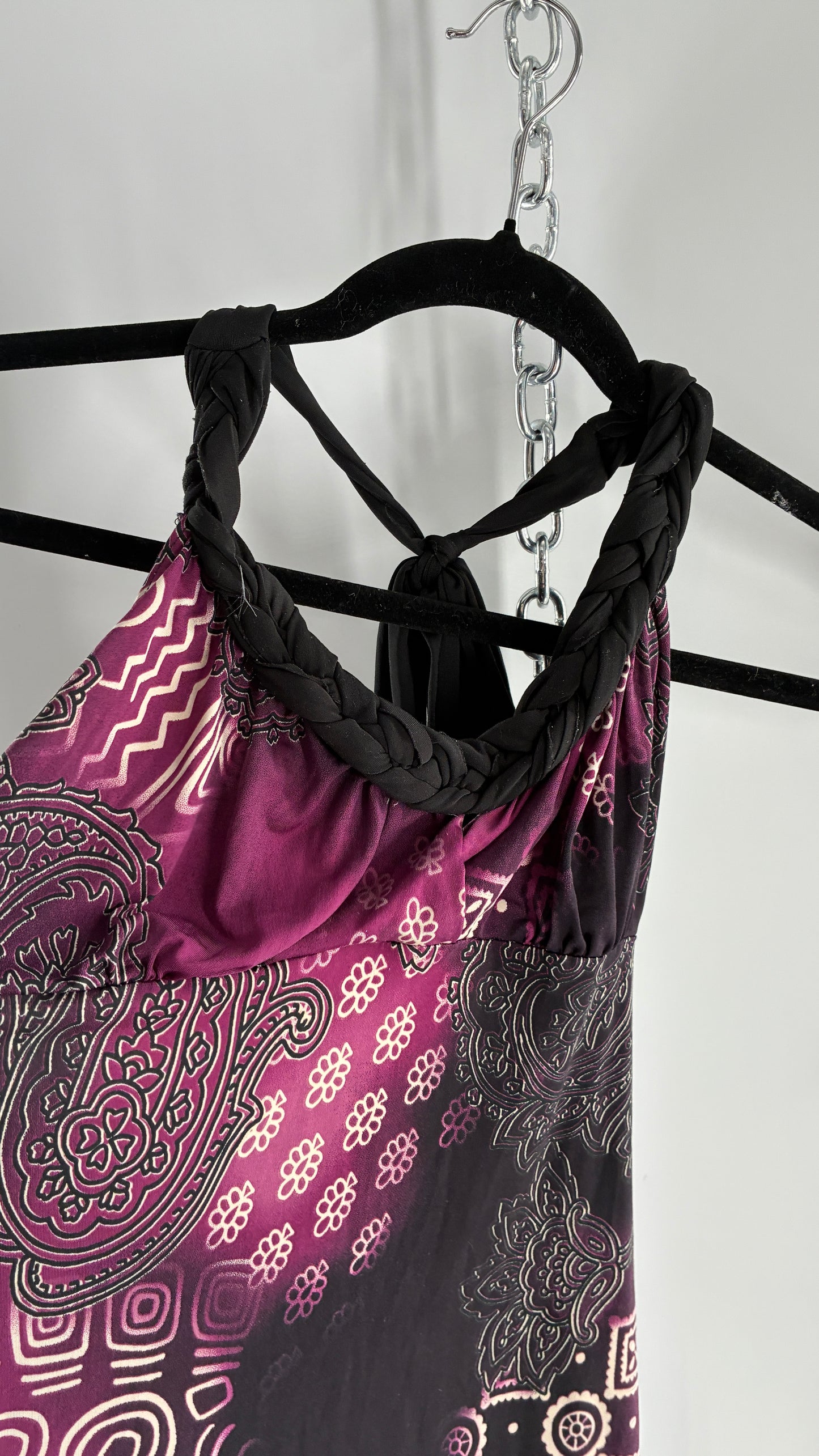 Vintage RUE 21 Purple Braided Halter Black and Purple Graphic (Large)