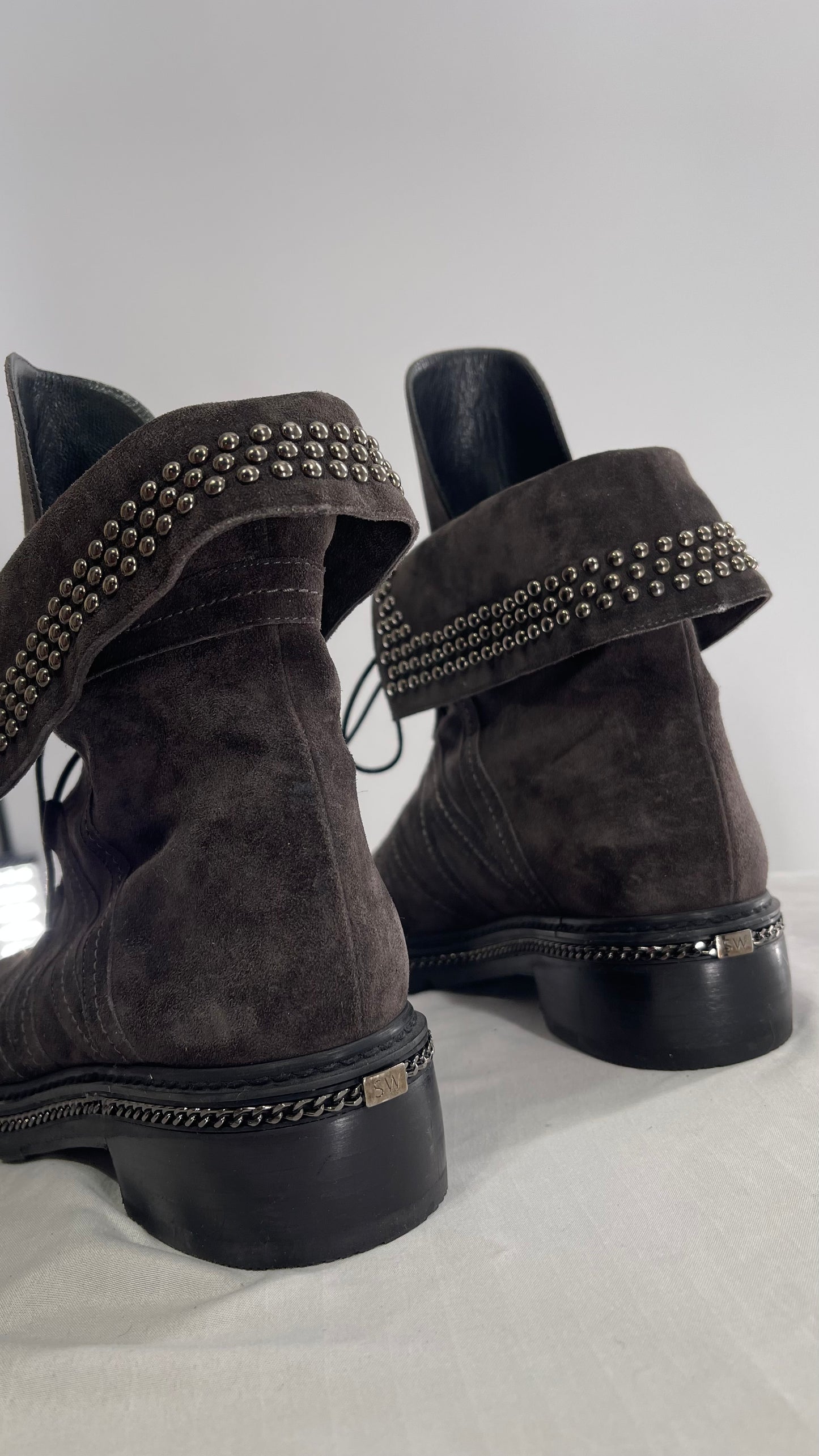 Stuart Weitzman Yadastud Grey Suede Leather Studded, Chainlink Boots (8)
