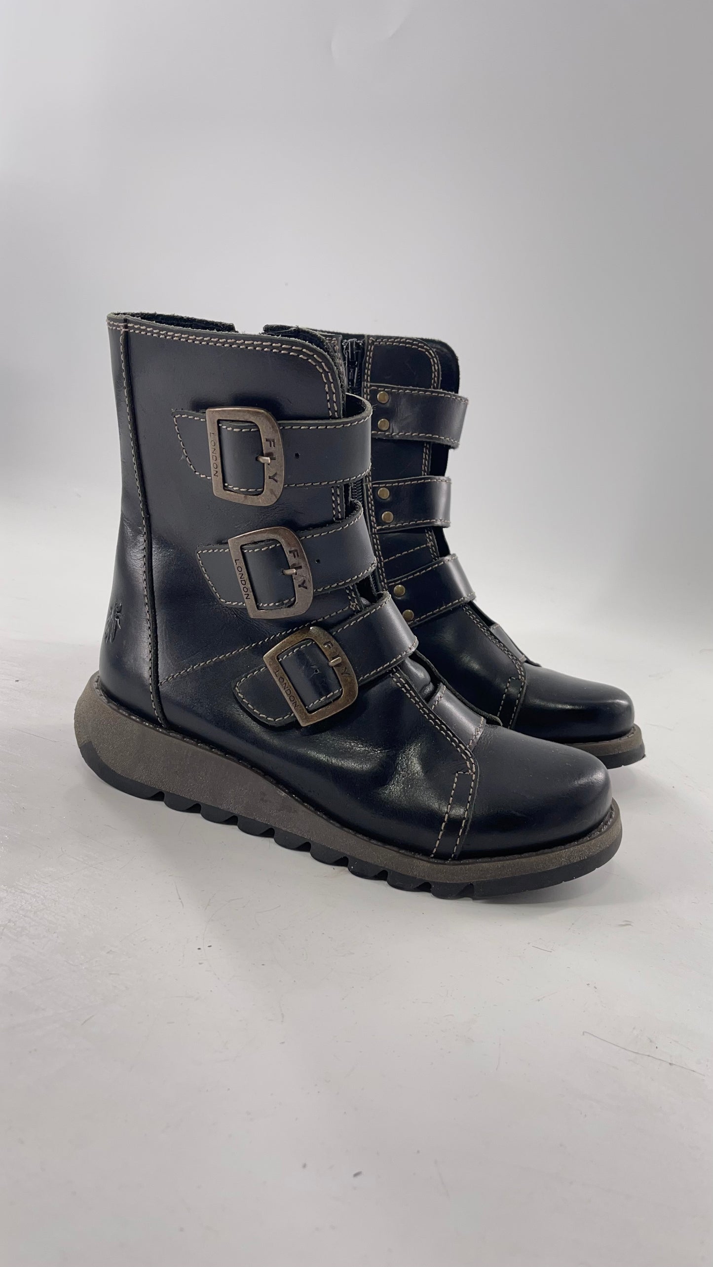 Fly London Black Zipper Side Biker Boot with Oversized Brass Buckles (38)