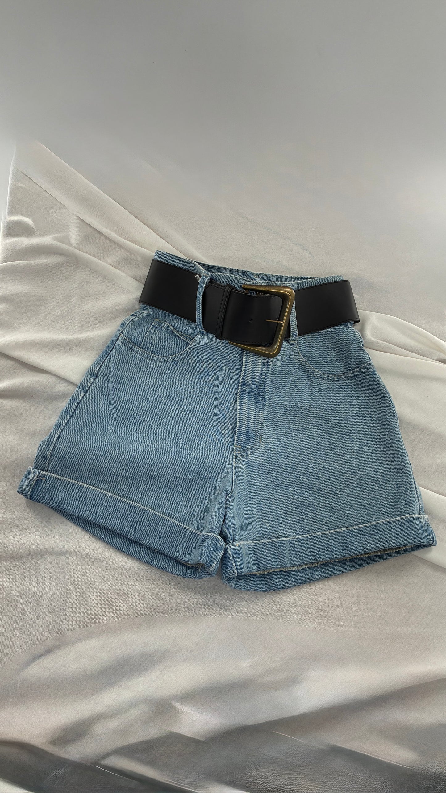 Vintage 1990s EXPRESS Ultra High Waisted Jean Shorts with Wide Waist Belt (1/2)