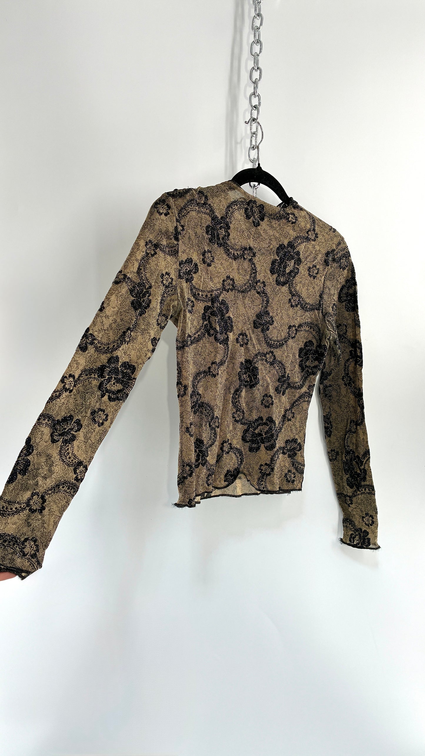 Vintage NEWPORT NEWS Sheer Lace Top with Glitter Floral Design (S/M)
