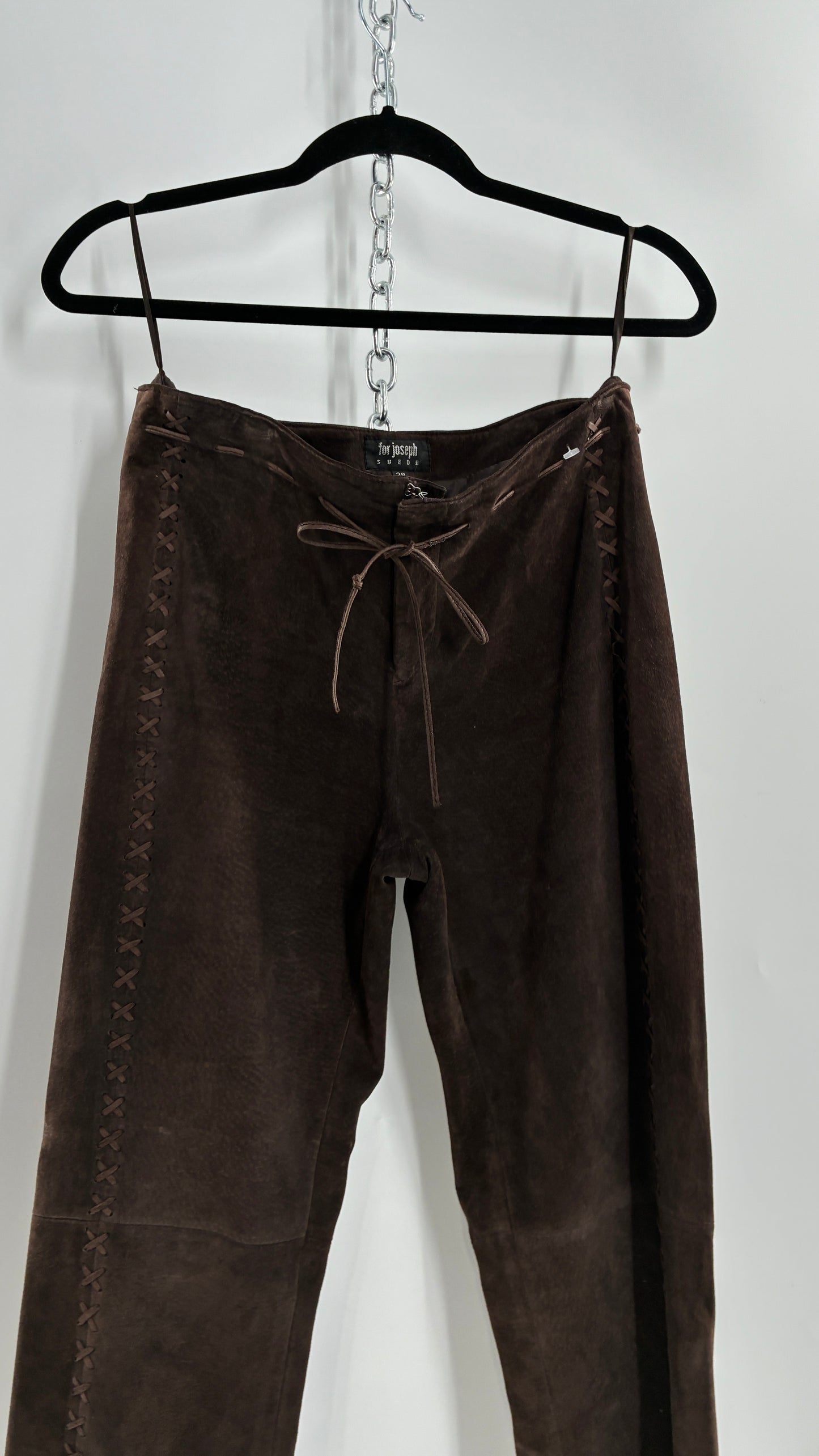 Vintage FOR JOSEPH Low Rise, Chocolate Brown Suede Pants with Leather Stitch Sides and Bow Closure (28)