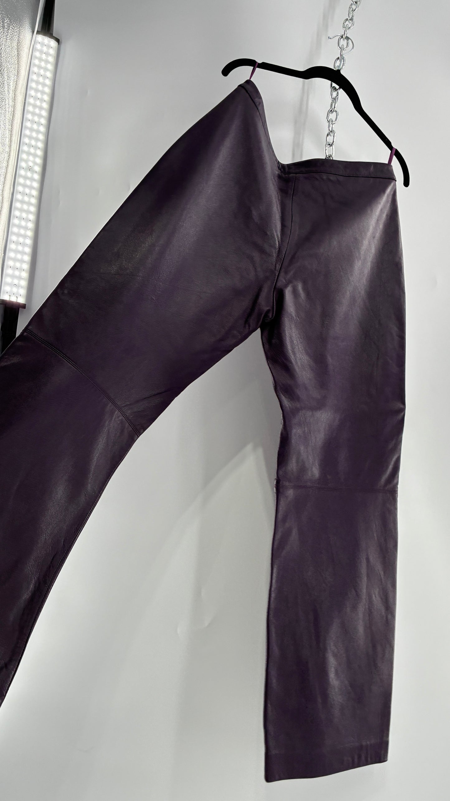 Vintage SHIN CHOI Genuine Italian Leather Purple Side Closure Low Rise Pants (12)