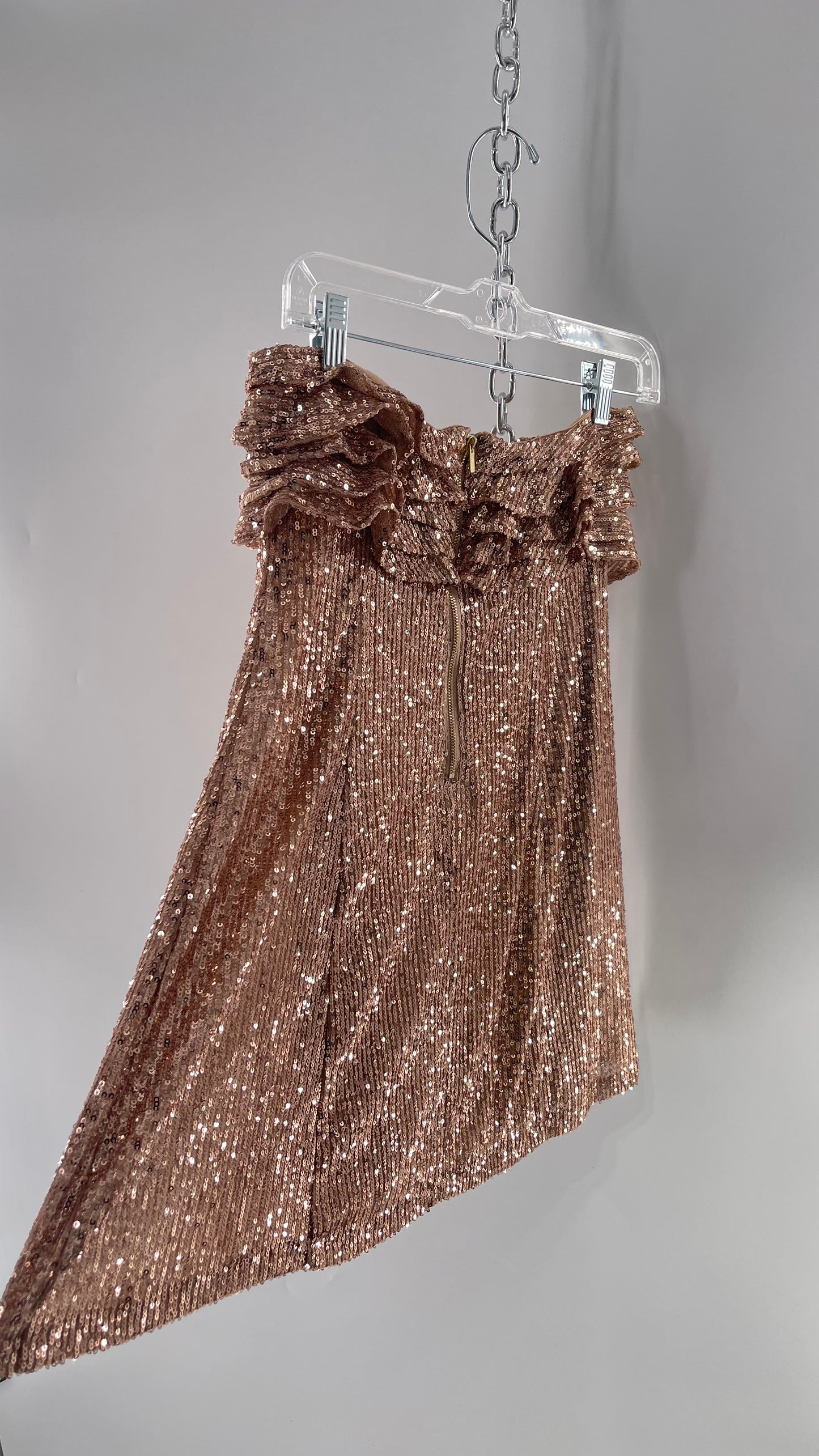 Free People Rose Gold Sequin Mini Dress with Ruffled Bust and Statement Back Zipper (4)